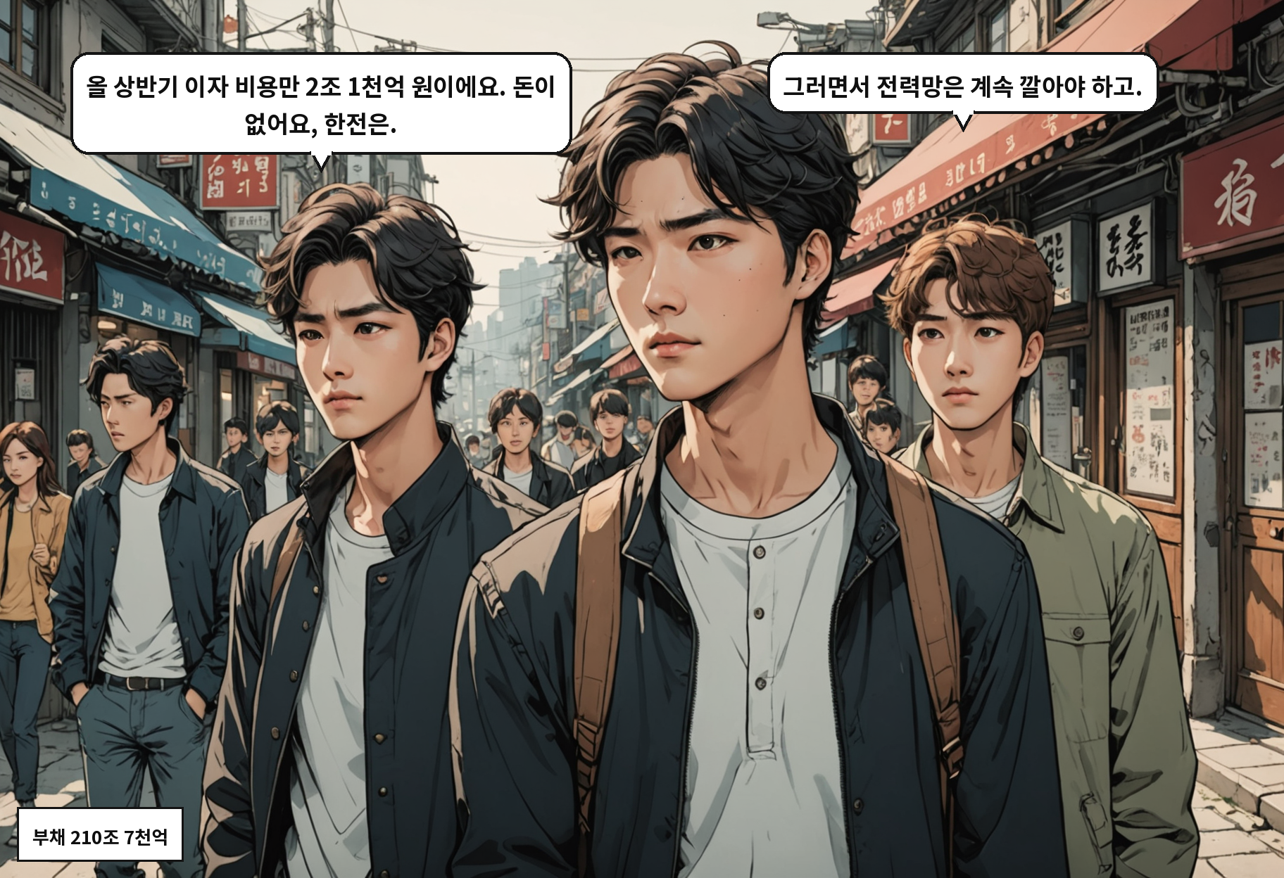 A: 올 상반기 이자 비용만 2조 1천억 원이에요. 돈이 없어요, 한전은. B: 그러면서 전력망은 계속 깔아야 하고.
