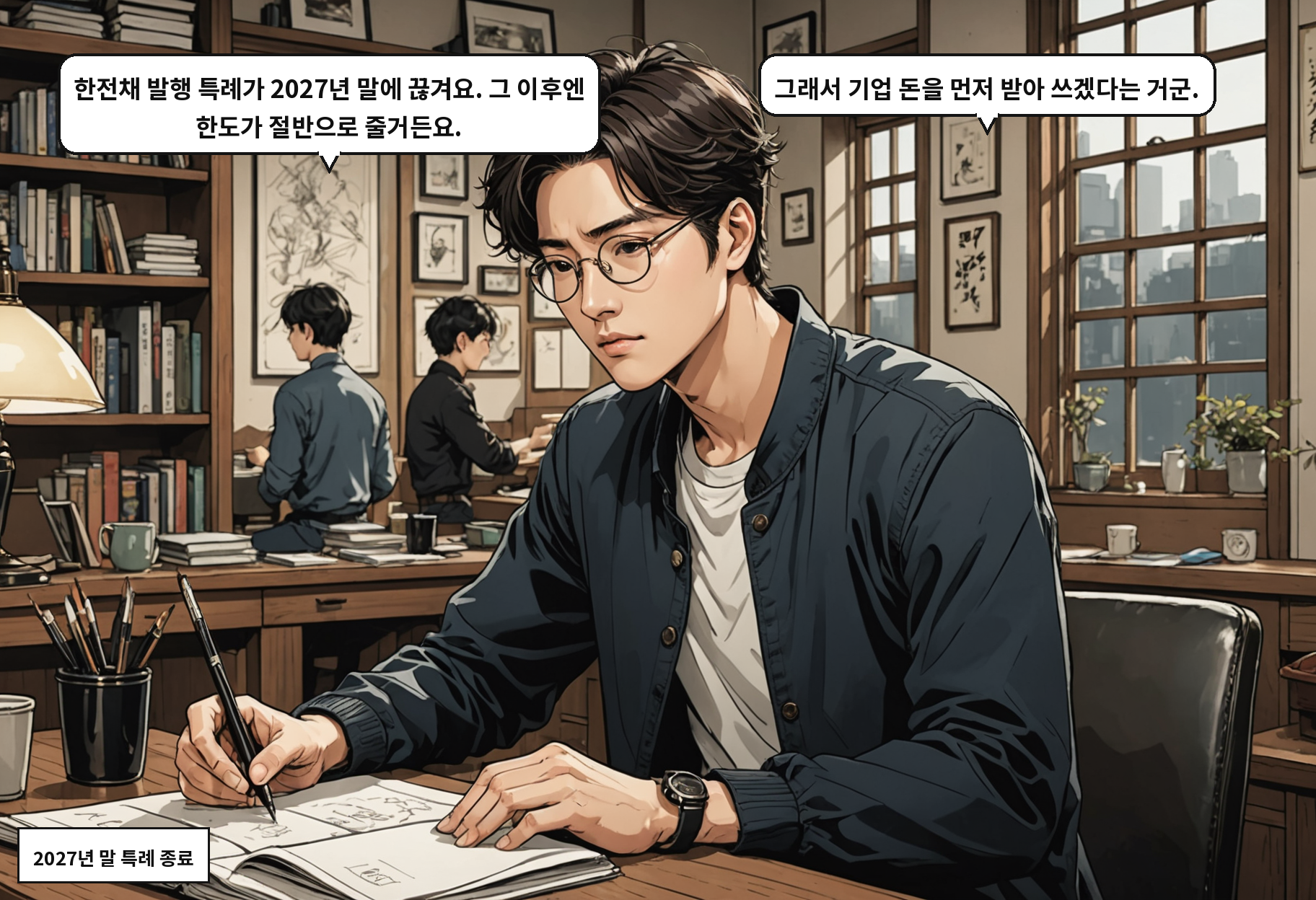 A: 한전채 발행 특례가 2027년 말에 끊겨요. 그 이후엔 한도가 절반으로 줄거든요. B: 그래서 기업 돈을 먼저 받아 쓰겠다는 거군.