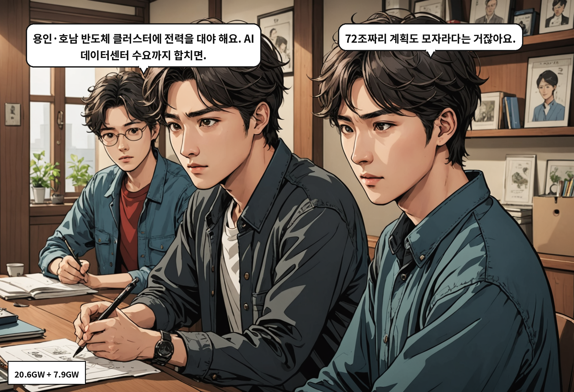 A: 용인·호남 반도체 클러스터에 전력을 대야 해요. AI 데이터센터 수요까지 합치면. B: 72조짜리 계획도 모자라다는 거잖아요.