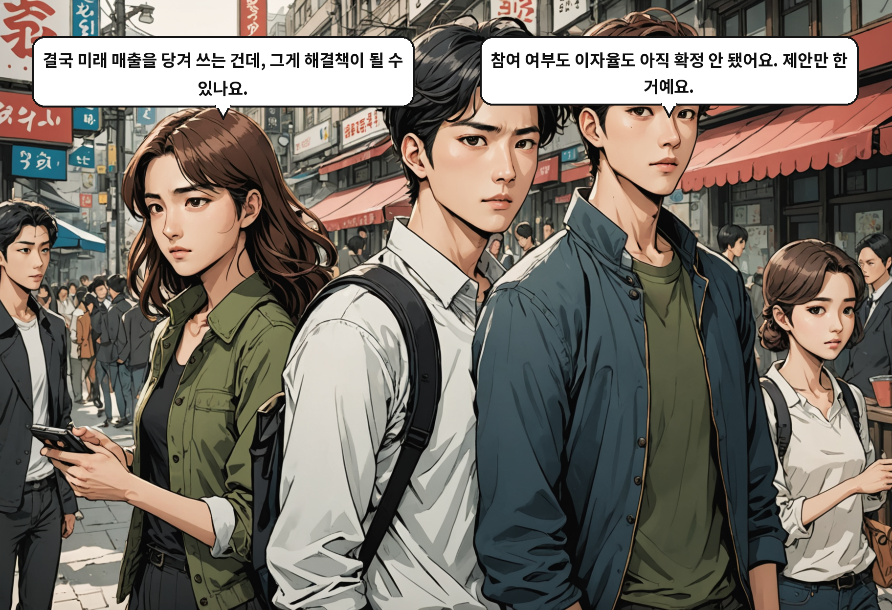 B: 결국 미래 매출을 당겨 쓰는 건데, 그게 해결책이 될 수 있나요. A: 참여 여부도 이자율도 아직 확정 안 됐어요. 제안만 한 거예요.