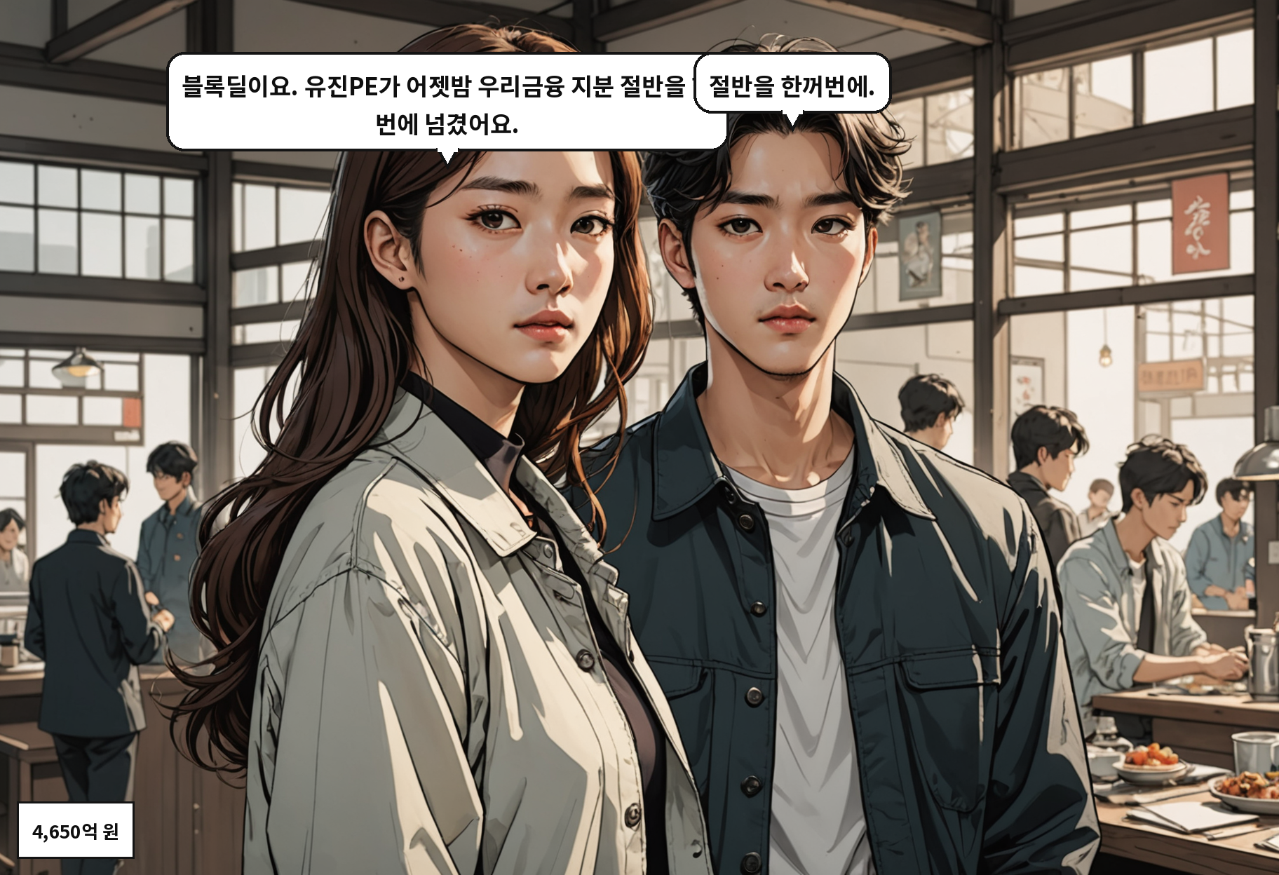 A: 블록딜이요. 유진PE가 어젯밤 우리금융 지분 절반을 한 번에 넘겼어요. B: 절반을 한꺼번에.