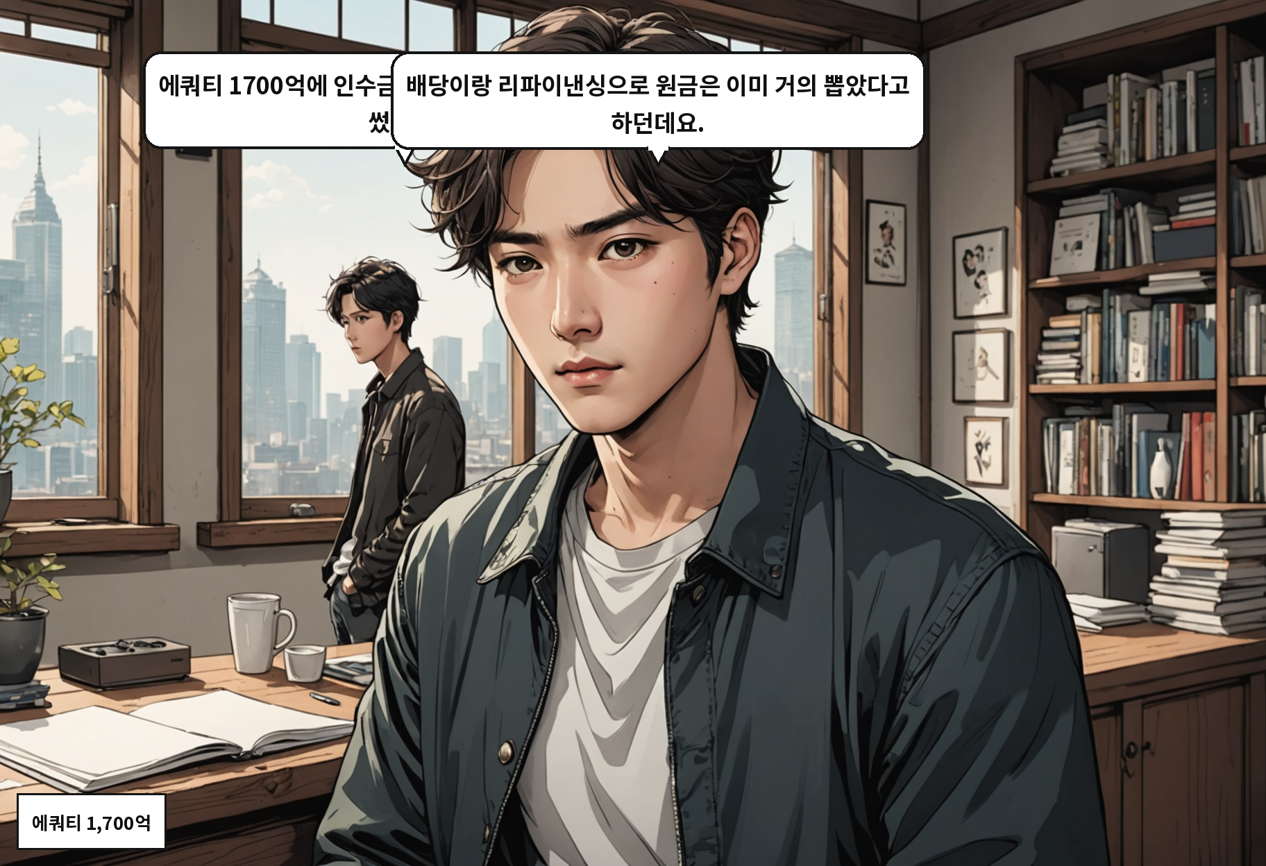 A: 에쿼티 1700억에 인수금융 1500억. 레버리지를 꽤 썼네요. B: 배당이랑 리파이낸싱으로 원금은 이미 거의 뽑았다고 하던데요.