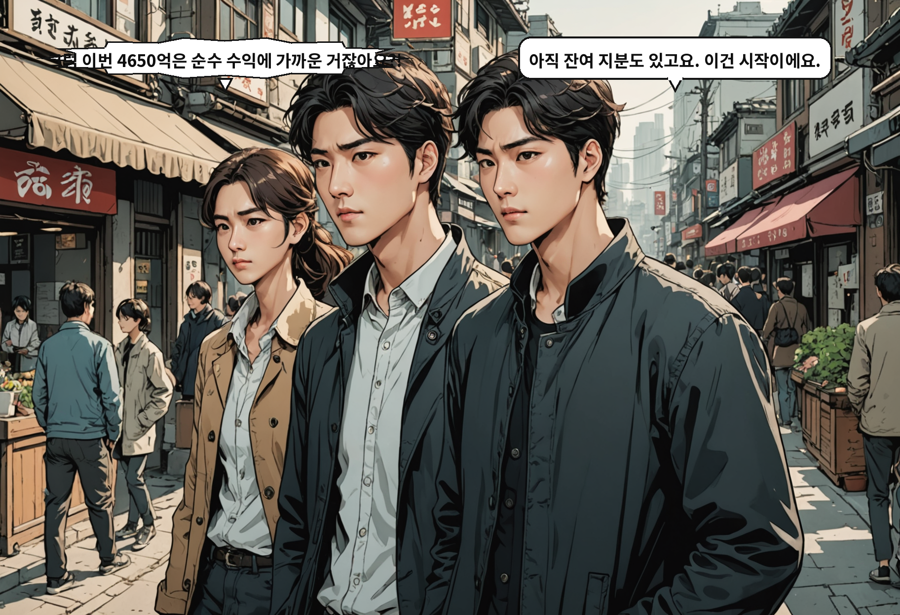 A: 그럼 이번 4650억은 순수 수익에 가까운 거잖아요?! B: 아직 잔여 지분도 있고요. 이건 시작이에요.