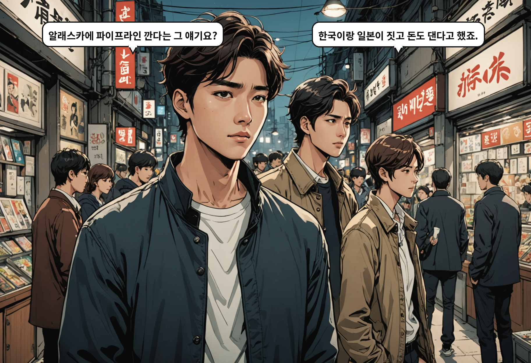 A: 알래스카에 파이프라인 깐다는 그 얘기요? B: 한국이랑 일본이 짓고 돈도 댄다고 했죠.