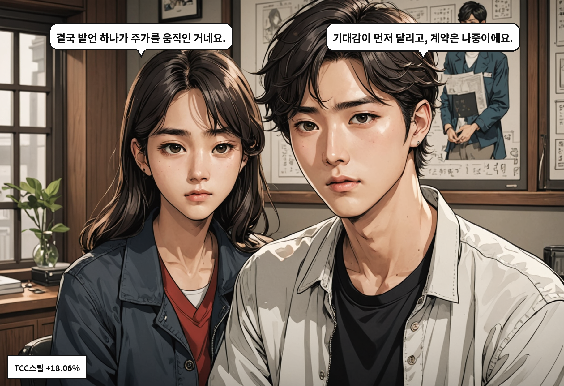 A: 결국 발언 하나가 주가를 움직인 거네요. B: 기대감이 먼저 달리고, 계약은 나중이에요.