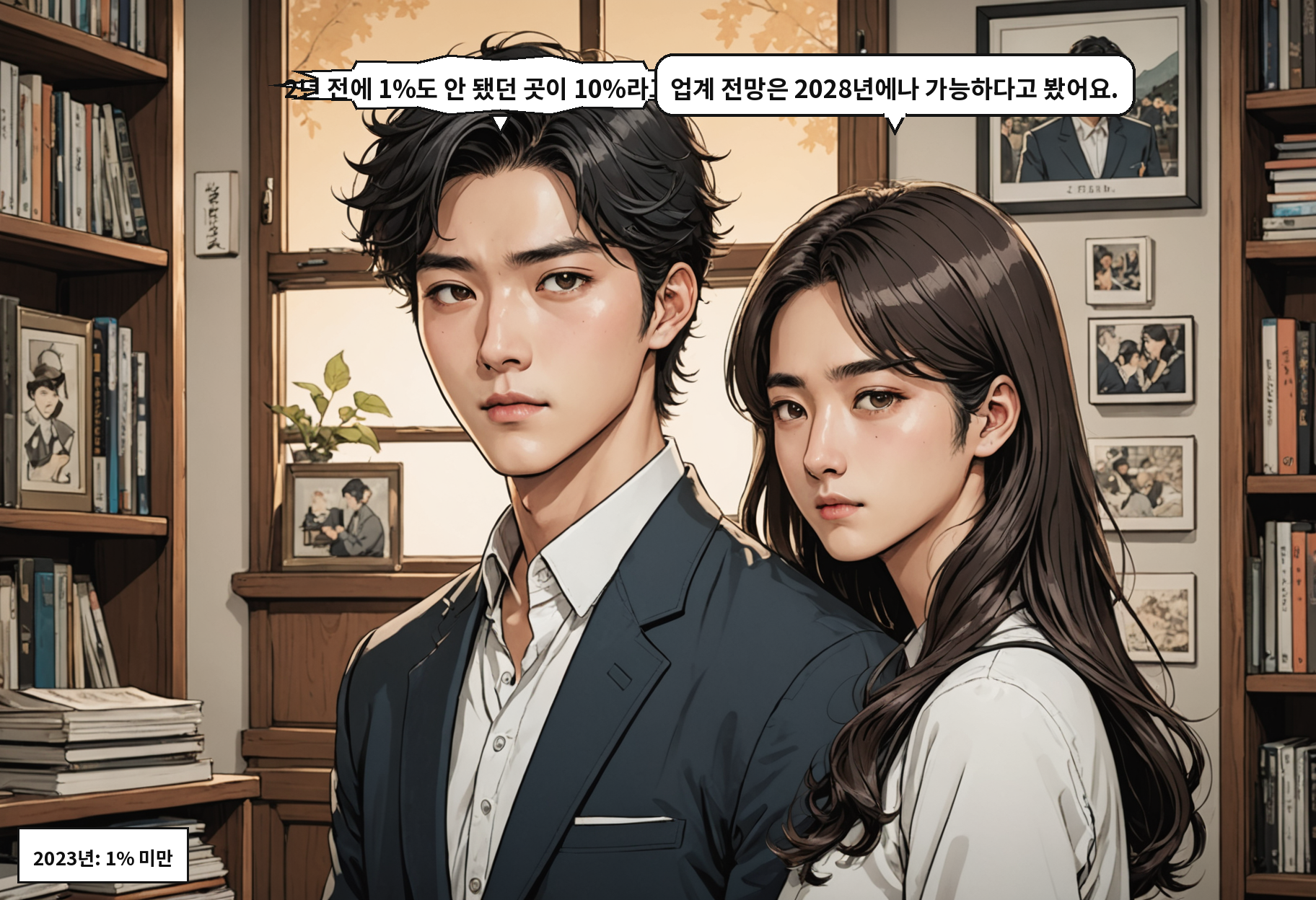 B: 2년 전에 1%도 안 됐던 곳이 10%라고요?! A: 업계 전망은 2028년에나 가능하다고 봤어요.