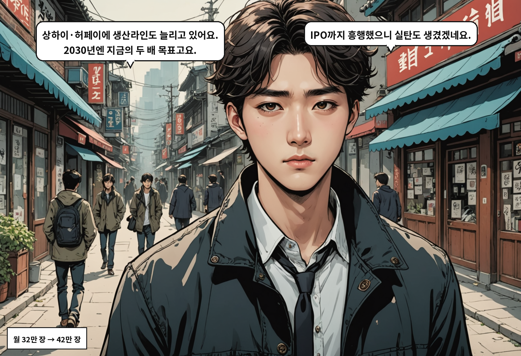 A: 상하이·허페이에 생산라인도 늘리고 있어요. 2030년엔 지금의 두 배 목표고요. B: IPO까지 흥행했으니 실탄도 생겼겠네요.