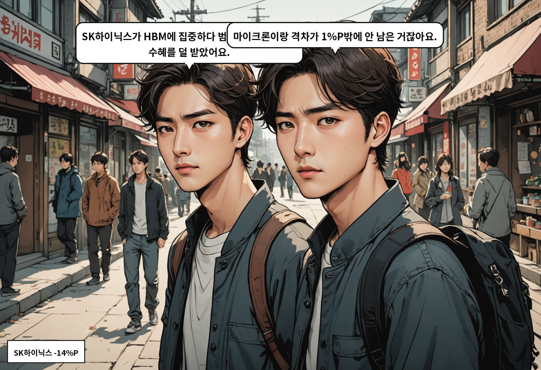 A: SK하이닉스가 HBM에 집중하다 범용 D램 가격 급등 수혜를 덜 받았어요. B: 마이크론이랑 격차가 1%P밖에 안 남은 거잖아요.
