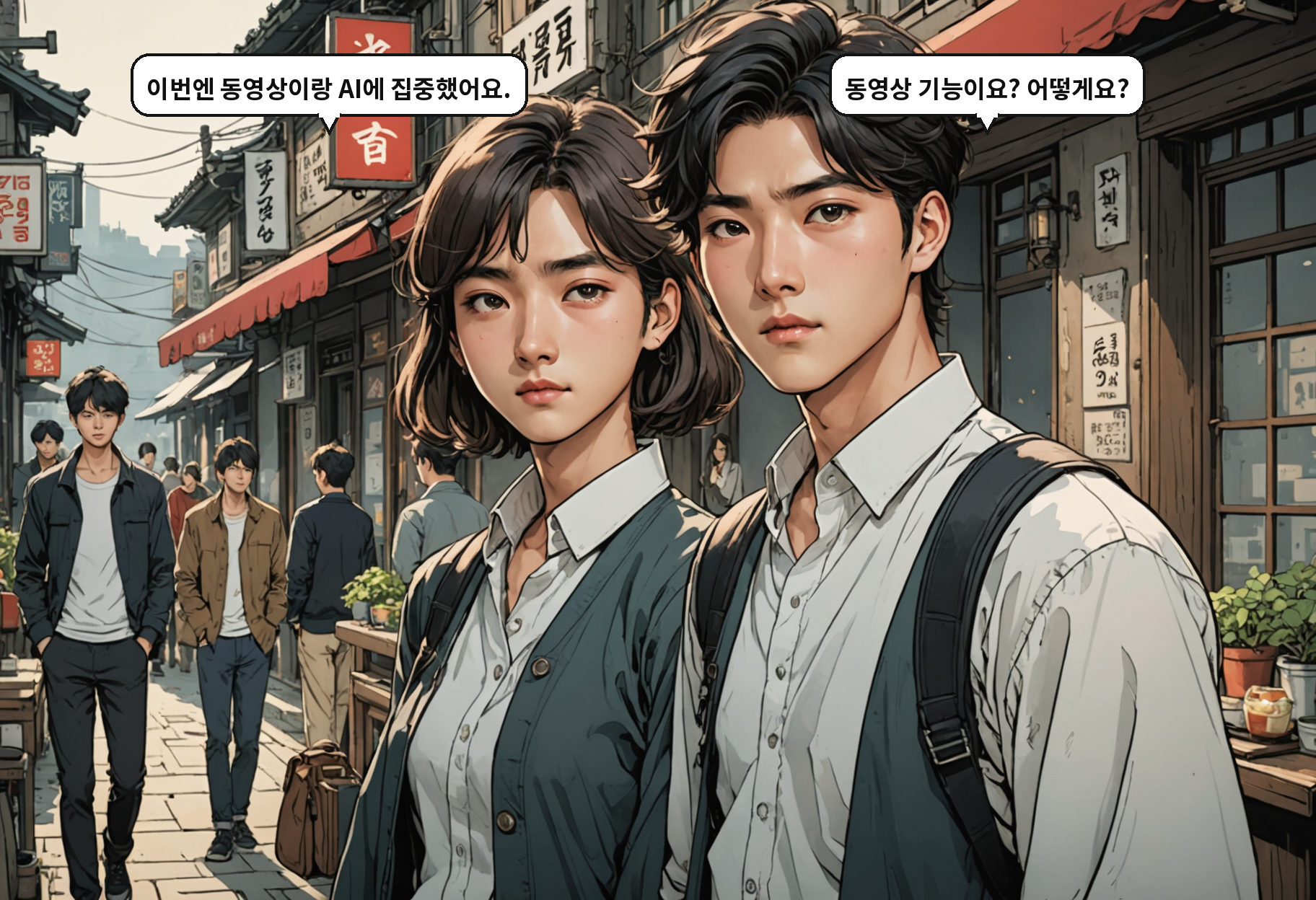 B: 이번엔 동영상이랑 AI에 집중했어요. A: 동영상 기능이요? 어떻게요?