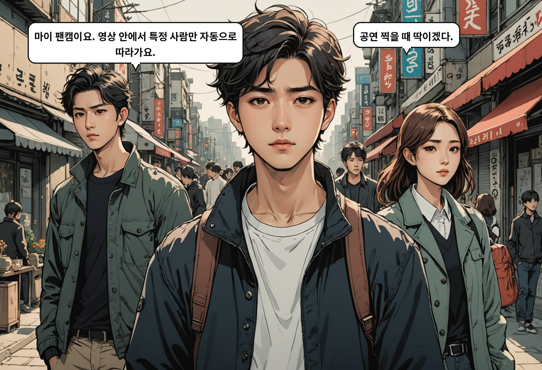 B: 마이 팬캠이요. 영상 안에서 특정 사람만 자동으로 따라가요. A: 공연 찍을 때 딱이겠다.
