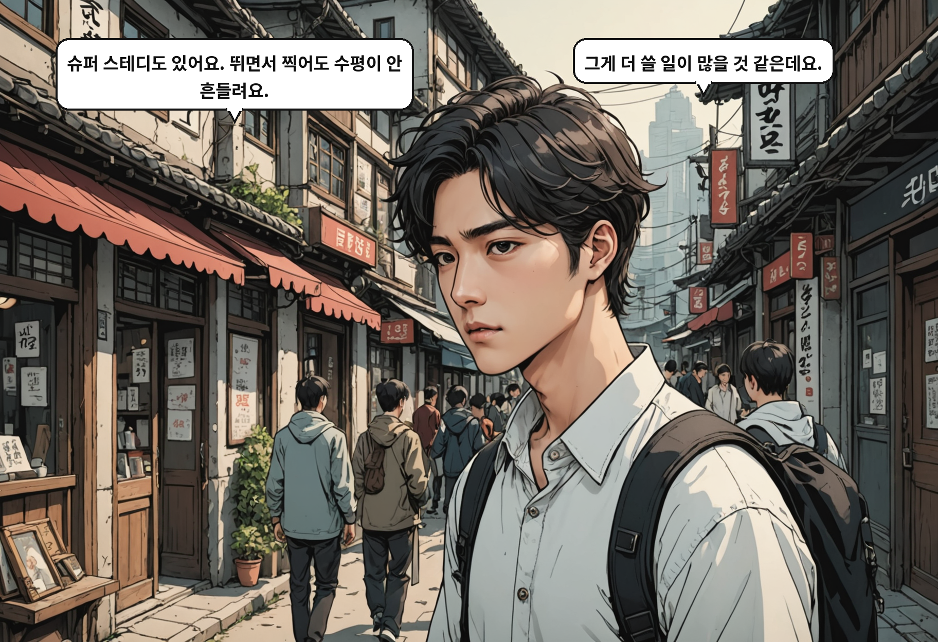B: 슈퍼 스테디도 있어요. 뛰면서 찍어도 수평이 안 흔들려요. A: 그게 더 쓸 일이 많을 것 같은데요.