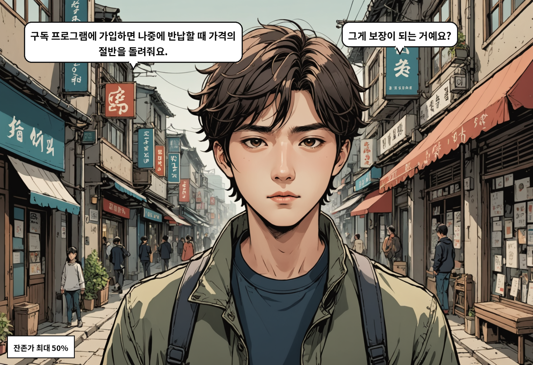 B: 구독 프로그램에 가입하면 나중에 반납할 때 가격의 절반을 돌려줘요. A: 그게 보장이 되는 거예요?