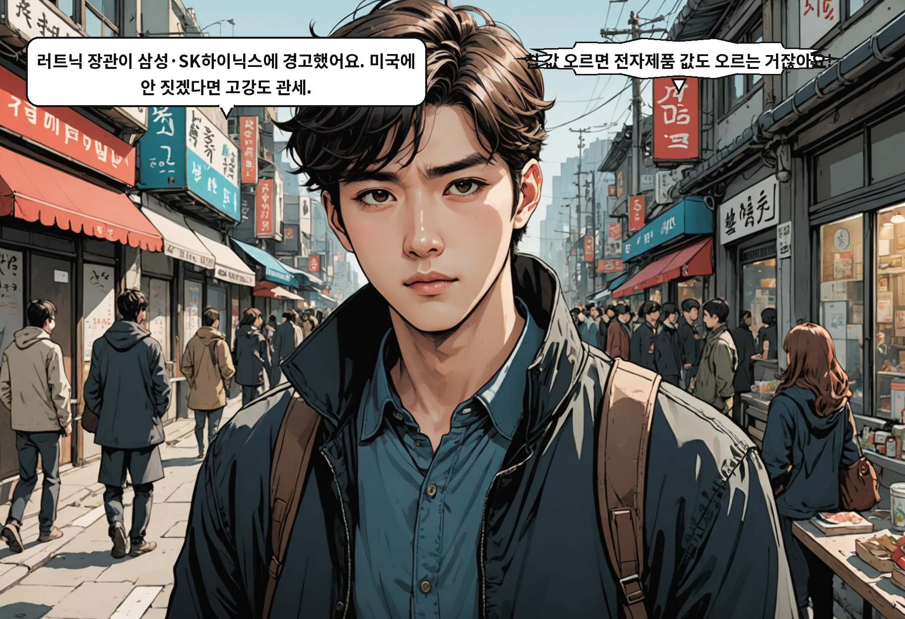 A: 러트닉 장관이 삼성·SK하이닉스에 경고했어요. 미국에 안 짓겠다면 고강도 관세. B: 칩 값 오르면 전자제품 값도 오르는 거잖아요!