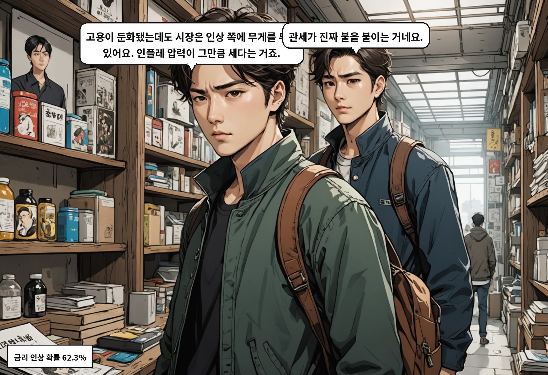 A: 고용이 둔화됐는데도 시장은 인상 쪽에 무게를 두고 있어요. 인플레 압력이 그만큼 세다는 거죠. B: 관세가 진짜 불을 붙이는 거네요.