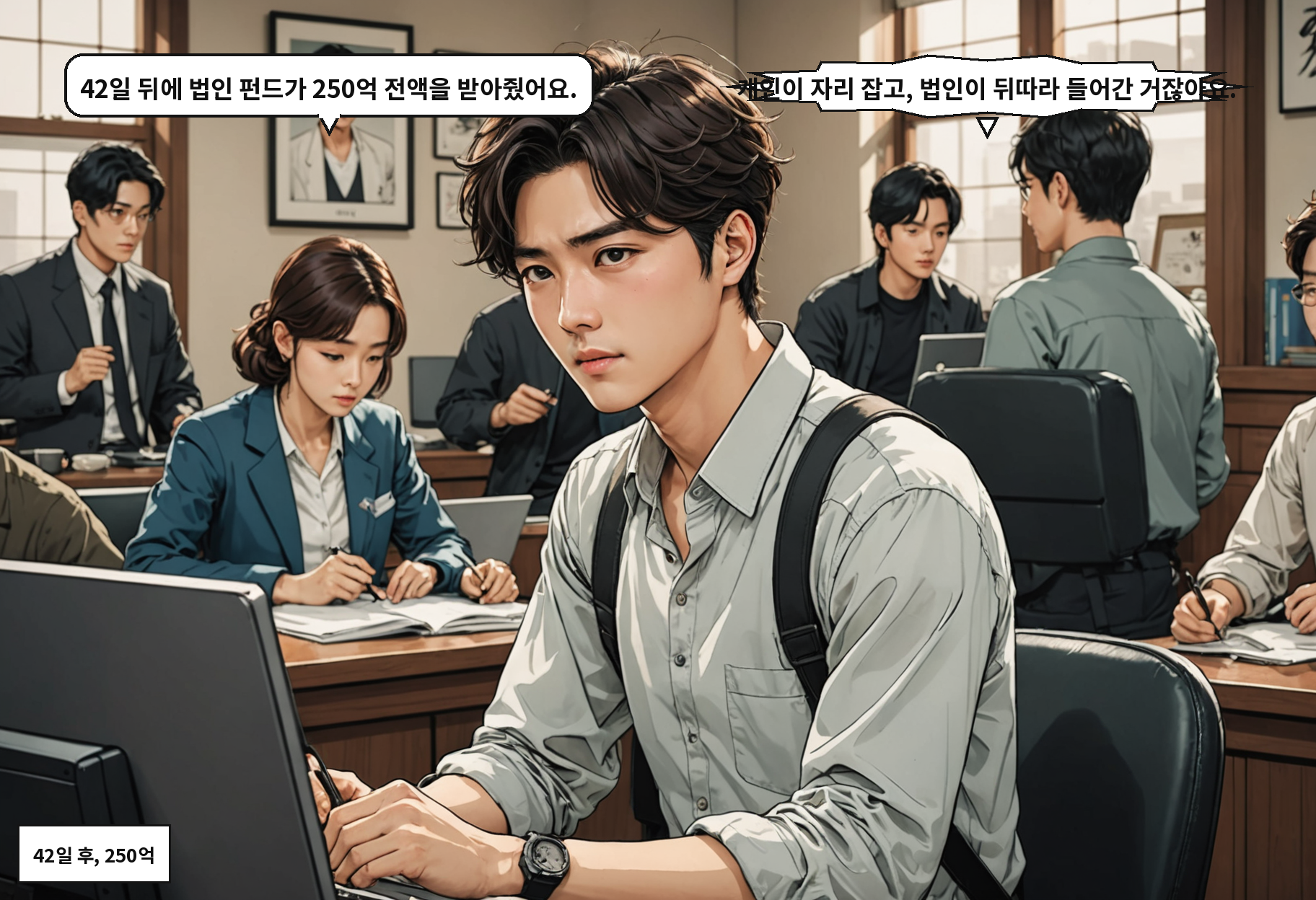 A: 42일 뒤에 법인 펀드가 250억 전액을 받아줬어요. B: 개인이 자리 잡고, 법인이 뒤따라 들어간 거잖아요.