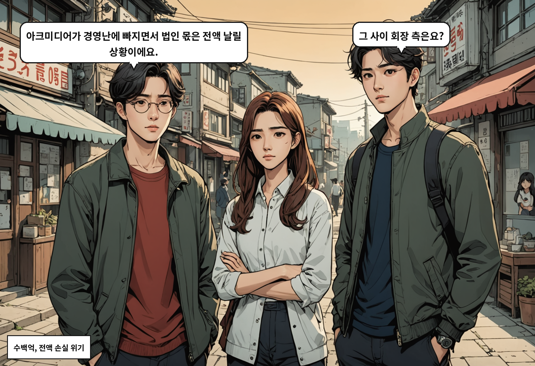 A: 아크미디어가 경영난에 빠지면서 법인 몫은 전액 날릴 상황이에요. B: 그 사이 회장 측은요?