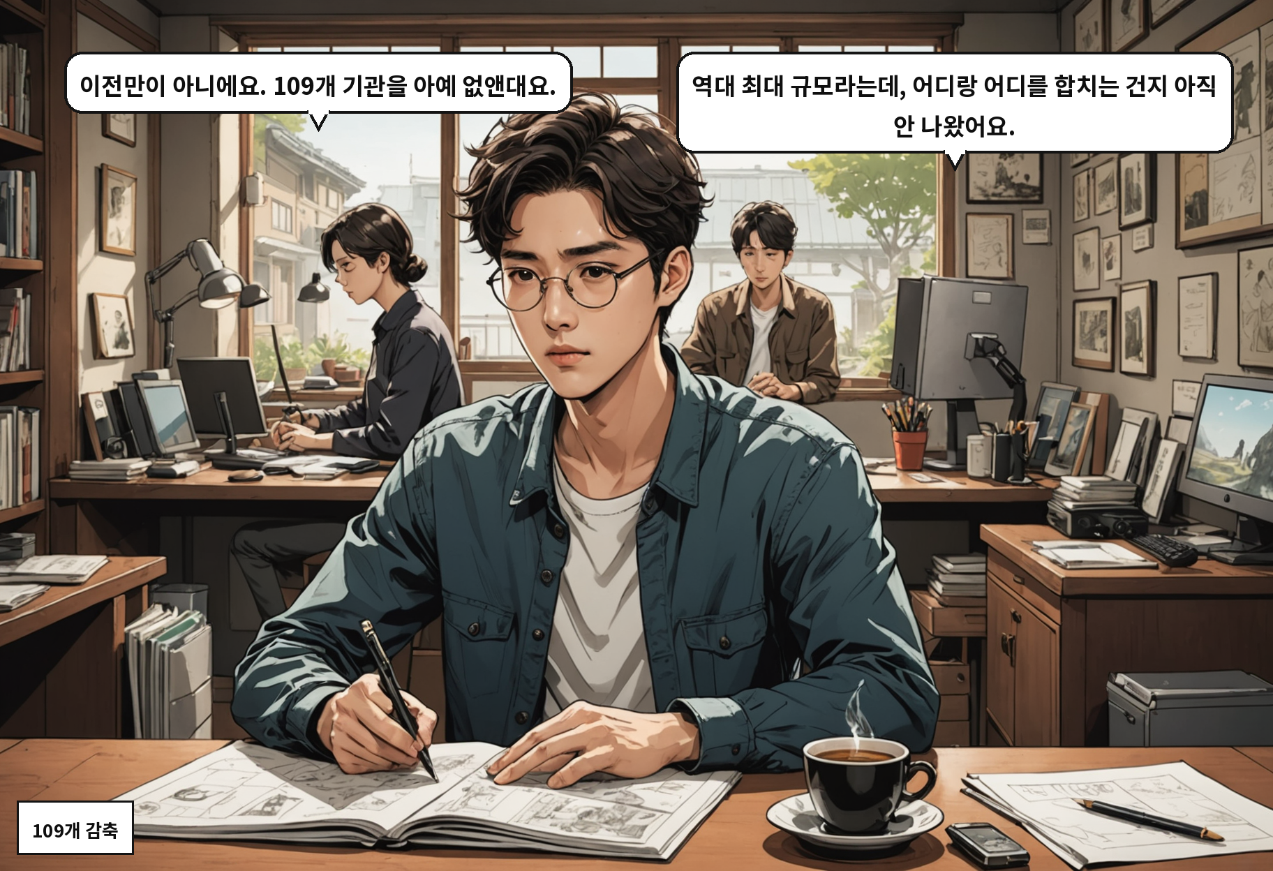 B: 이전만이 아니에요. 109개 기관을 아예 없앤대요. A: 역대 최대 규모라는데, 어디랑 어디를 합치는 건지 아직 안 나왔어요.