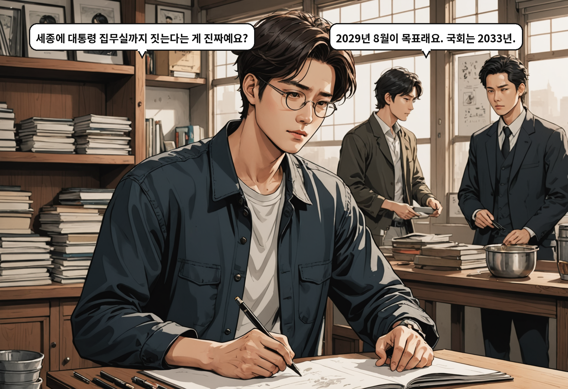 A: 세종에 대통령 집무실까지 짓는다는 게 진짜예요? B: 2029년 8월이 목표래요. 국회는 2033년.