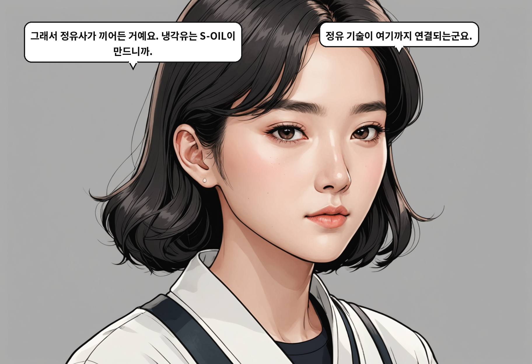 B: 그래서 정유사가 끼어든 거예요. 냉각유는 S-OIL이 만드니까. A: 정유 기술이 여기까지 연결되는군요.