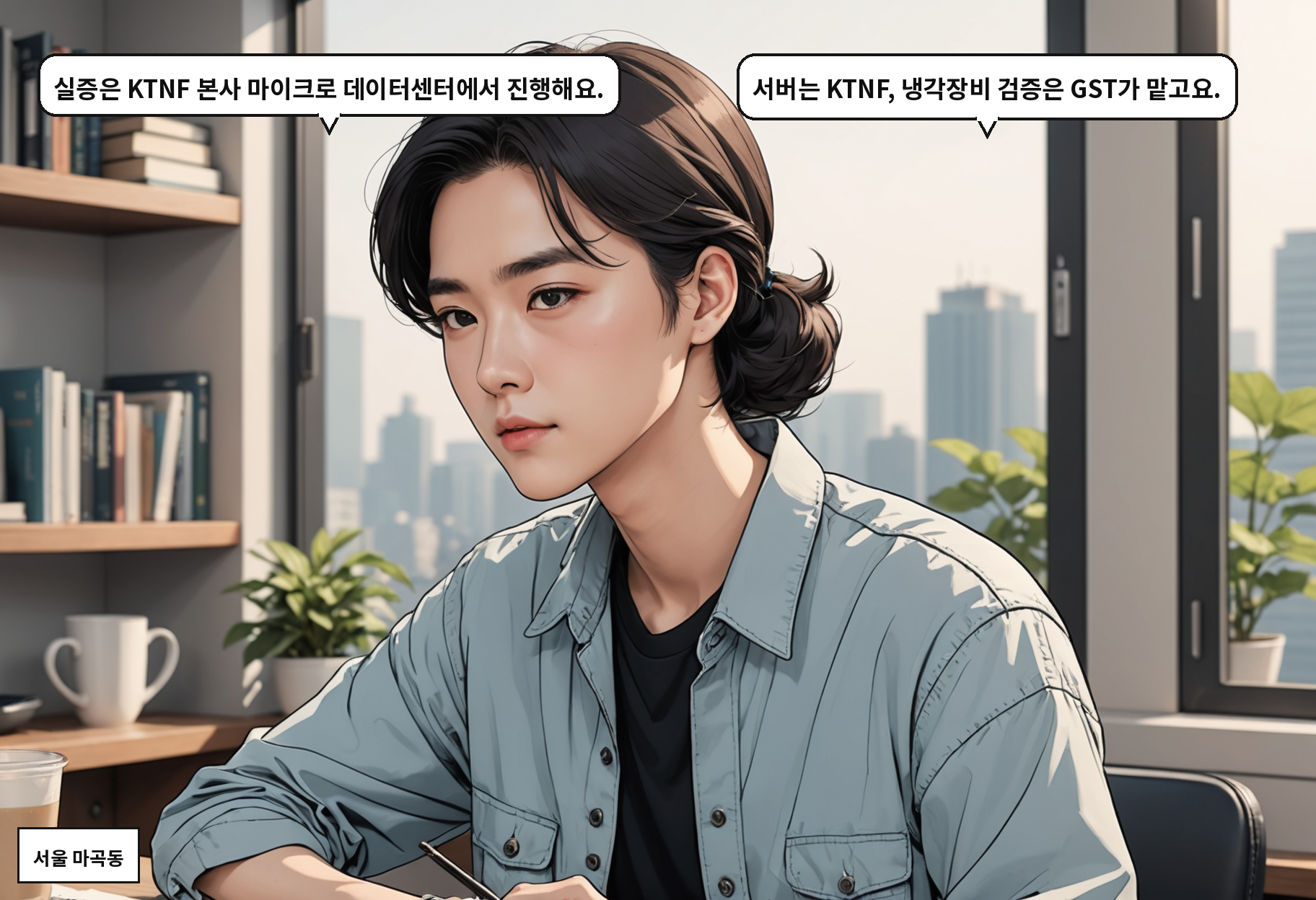 A: 실증은 KTNF 본사 마이크로 데이터센터에서 진행해요. B: 서버는 KTNF, 냉각장비 검증은 GST가 맡고요.