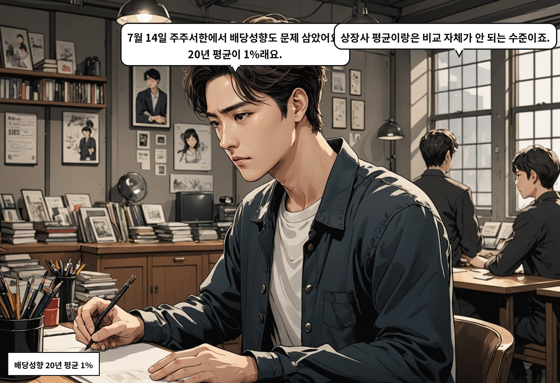 A: 7월 14일 주주서한에서 배당성향도 문제 삼았어요. 20년 평균이 1%래요. B: 상장사 평균이랑은 비교 자체가 안 되는 수준이죠.