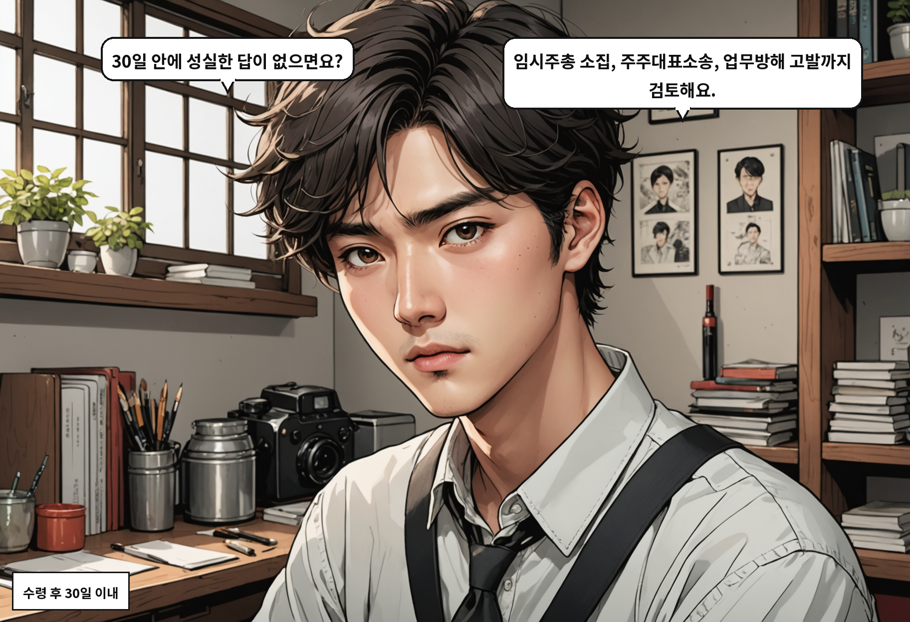 B: 30일 안에 성실한 답이 없으면요? A: 임시주총 소집, 주주대표소송, 업무방해 고발까지 검토해요.