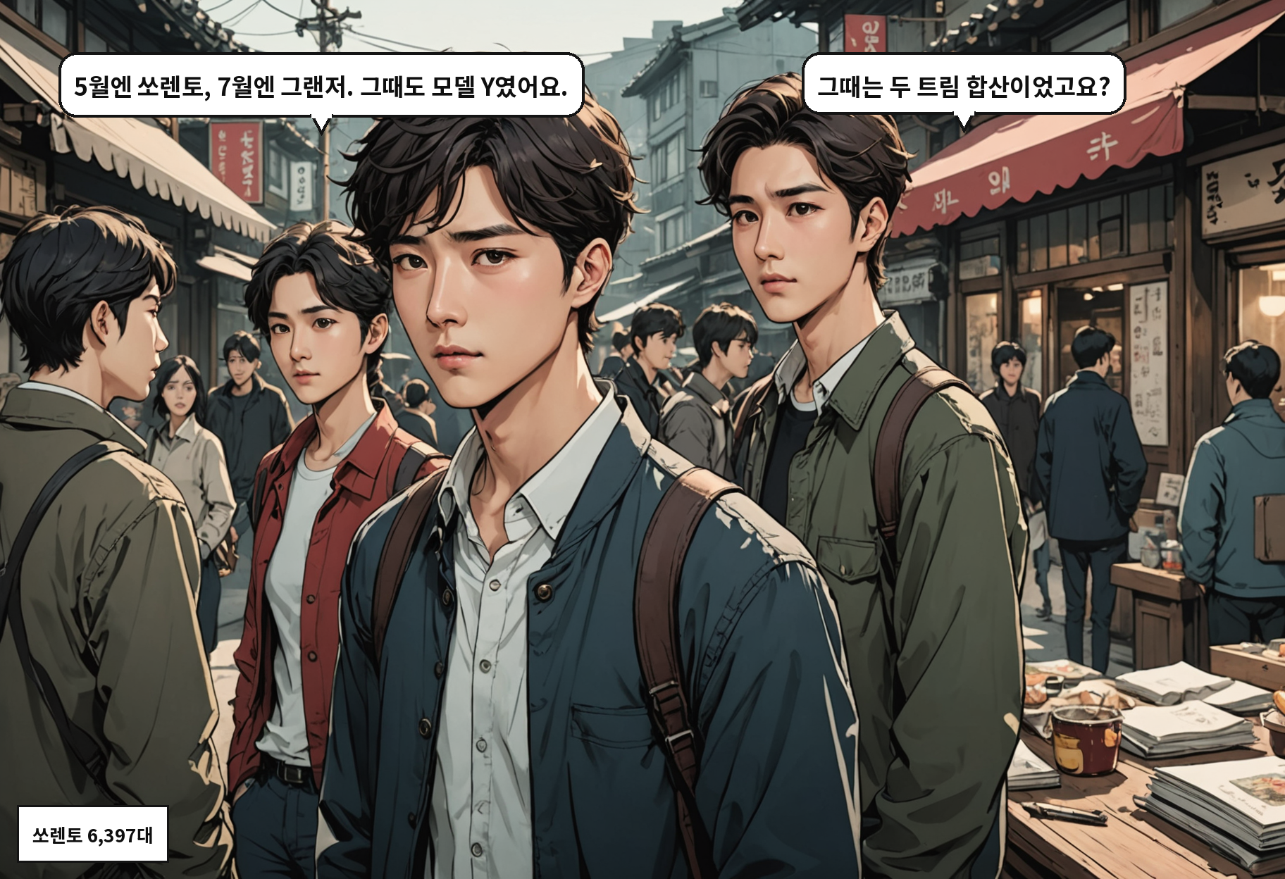B: 5월엔 쏘렌토, 7월엔 그랜저. 그때도 모델 Y였어요. A: 그때는 두 트림 합산이었고요?