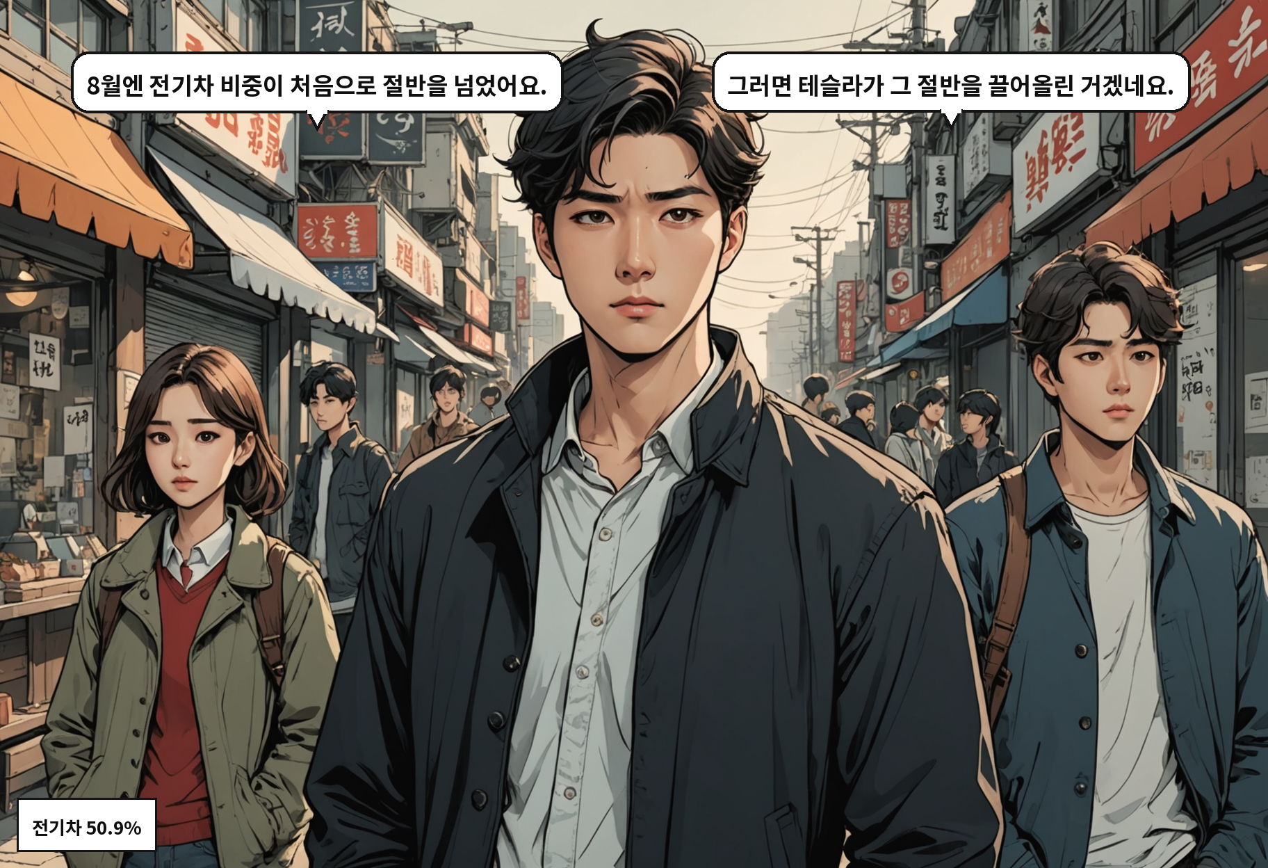 B: 8월엔 전기차 비중이 처음으로 절반을 넘었어요. A: 그러면 테슬라가 그 절반을 끌어올린 거겠네요.