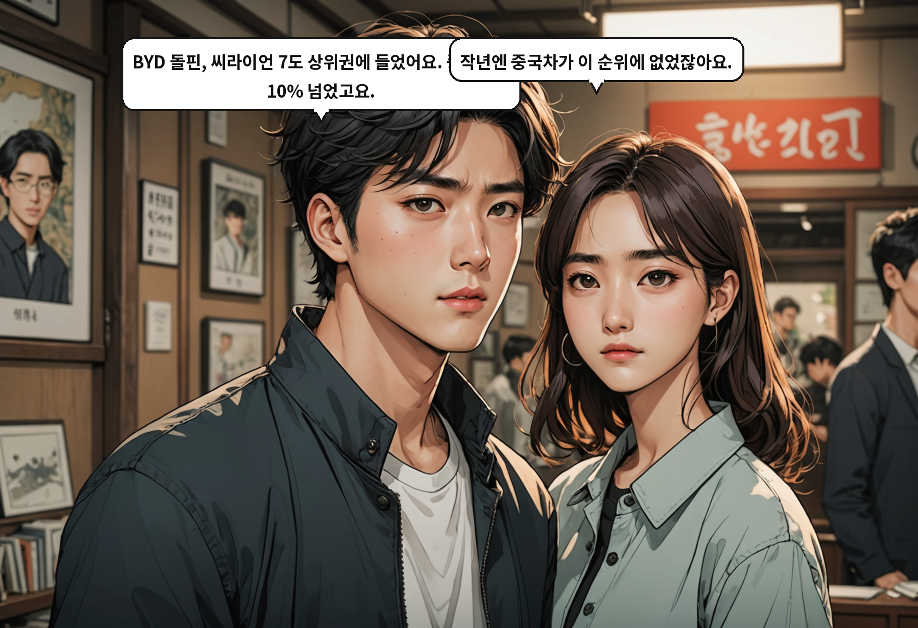 B: BYD 돌핀, 씨라이언 7도 상위권에 들었어요. 중국차가 10% 넘었고요. A: 작년엔 중국차가 이 순위에 없었잖아요.