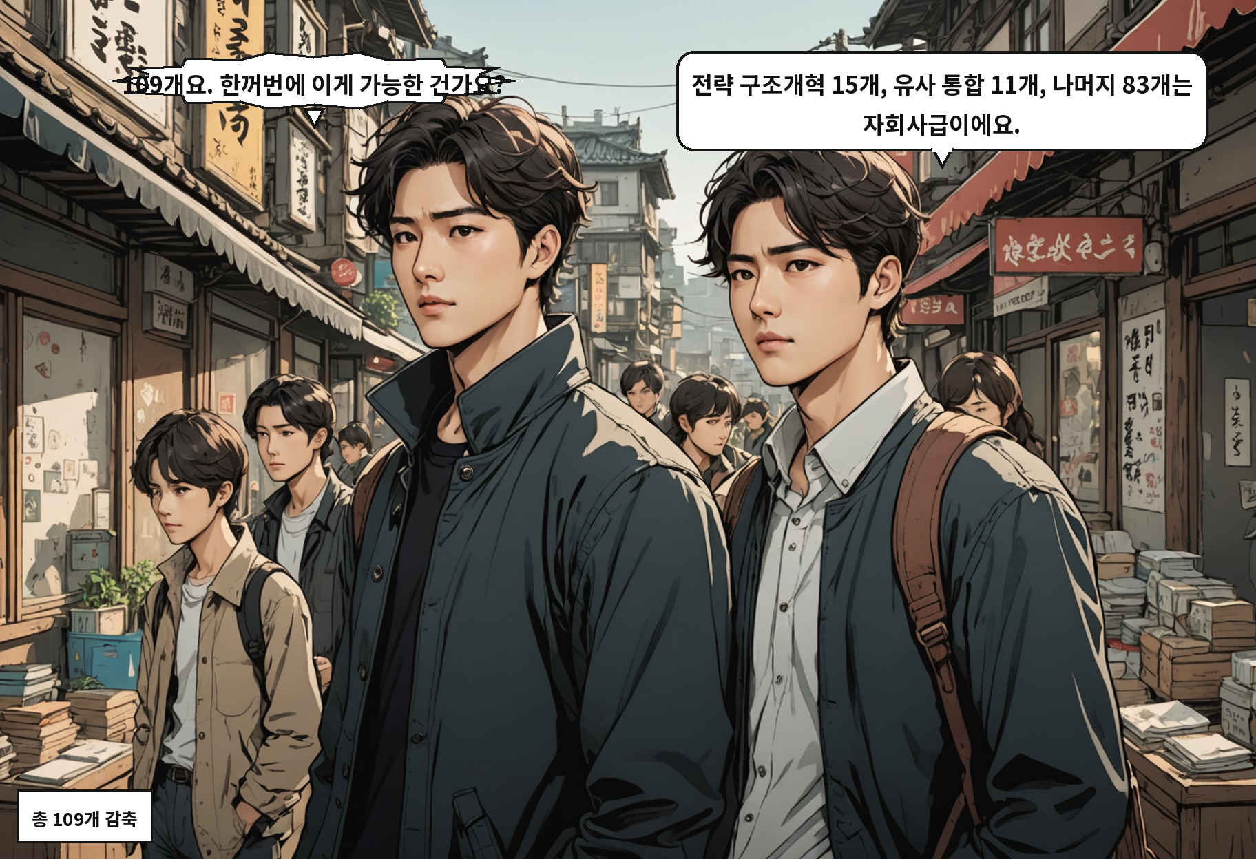 A: 109개요. 한꺼번에 이게 가능한 건가요? B: 전략 구조개혁 15개, 유사 통합 11개, 나머지 83개는 자회사급이에요.