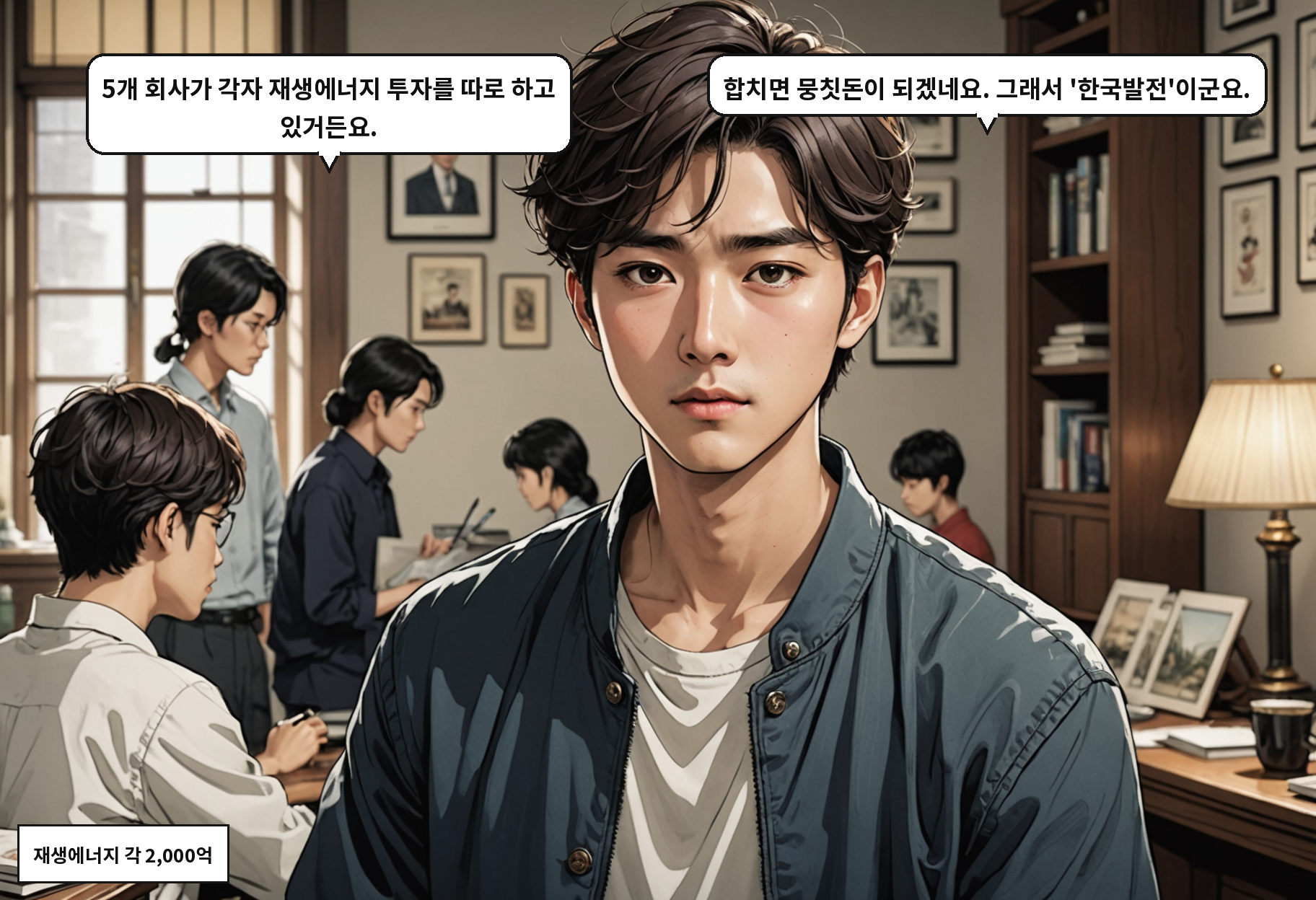 B: 5개 회사가 각자 재생에너지 투자를 따로 하고 있거든요. A: 합치면 뭉칫돈이 되겠네요. 그래서 '한국발전'이군요.