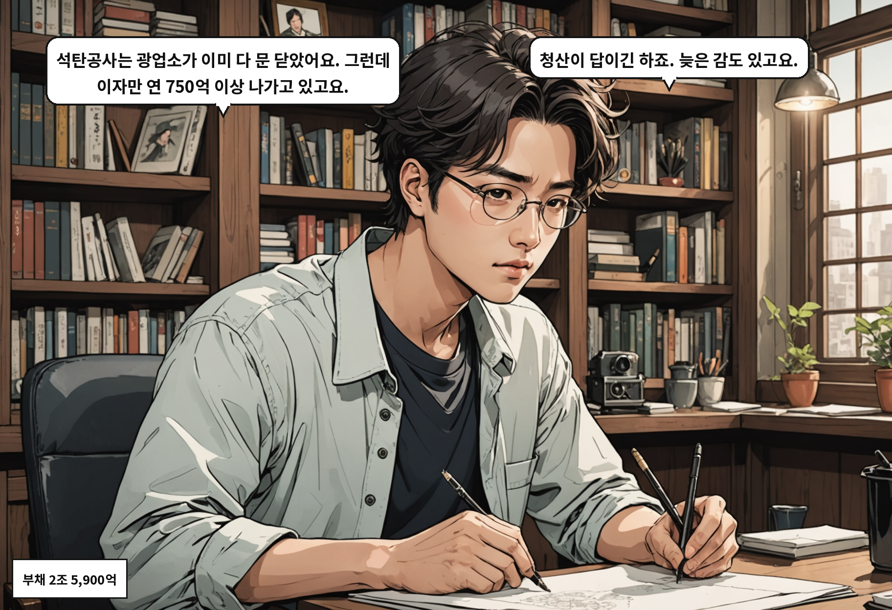 B: 석탄공사는 광업소가 이미 다 문 닫았어요. 그런데 이자만 연 750억 이상 나가고 있고요. A: 청산이 답이긴 하죠. 늦은 감도 있고요.