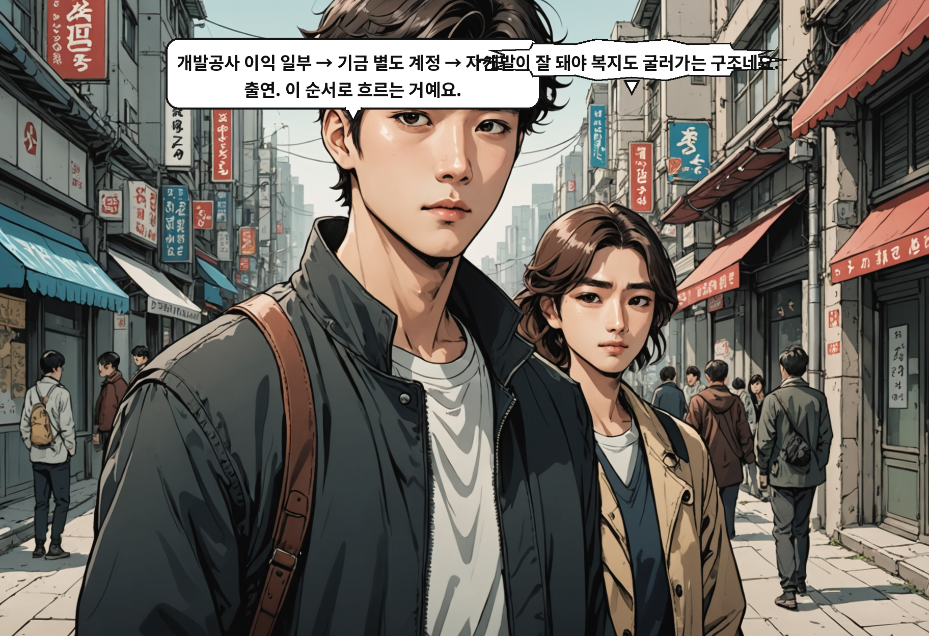 A: 개발공사 이익 일부를 기금에 쌓고, 거기서 자산공사에 넘기는 구조예요. B: 둘을 나눠도 돈 줄은 연결해 두는 거네.