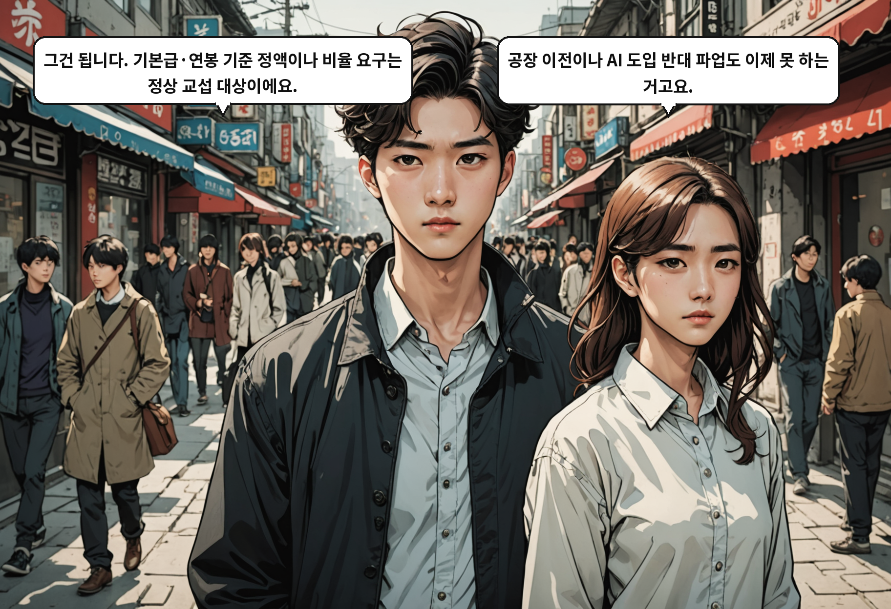 B: 그건 됩니다. 기본급·연봉 기준 정액이나 비율 요구는 정상 교섭 대상이에요. A: 공장 이전이나 AI 도입 반대 파업도 이제 못 하는 거고요.