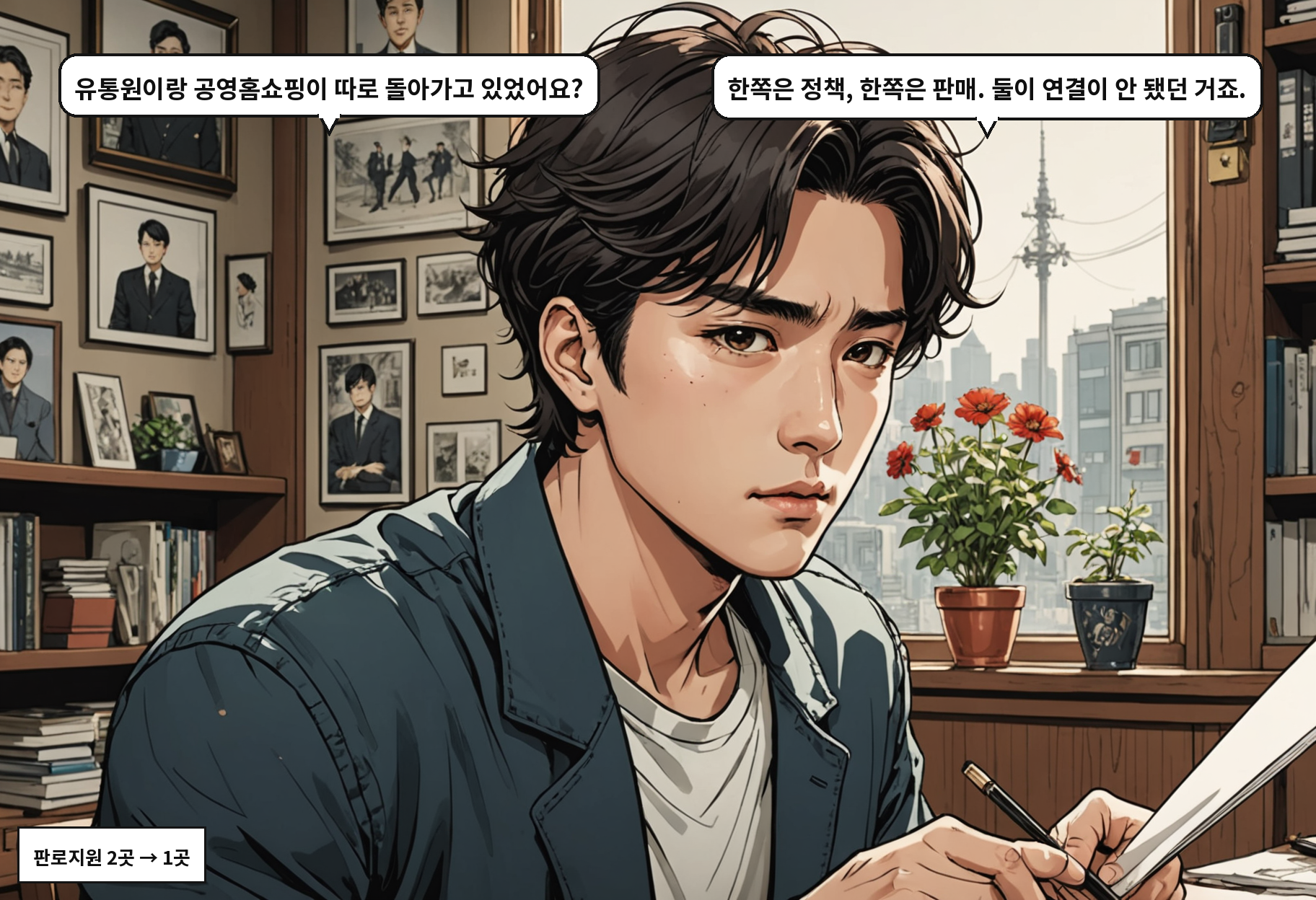 B: 유통원이랑 공영홈쇼핑이 따로 돌아가고 있었어요? A: 한쪽은 정책, 한쪽은 판매. 둘이 연결이 안 됐던 거죠.