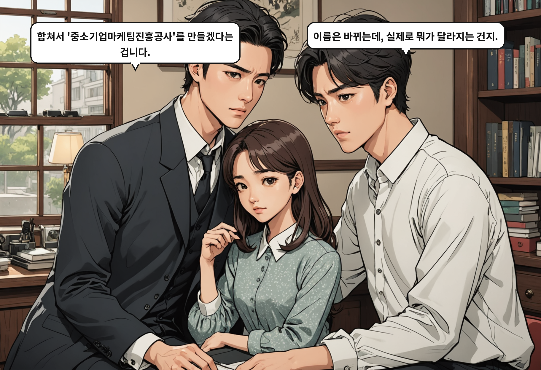 A: 합쳐서 '중소기업마케팅진흥공사'를 만들겠다는 겁니다. B: 이름은 바뀌는데, 실제로 뭐가 달라지는 건지.