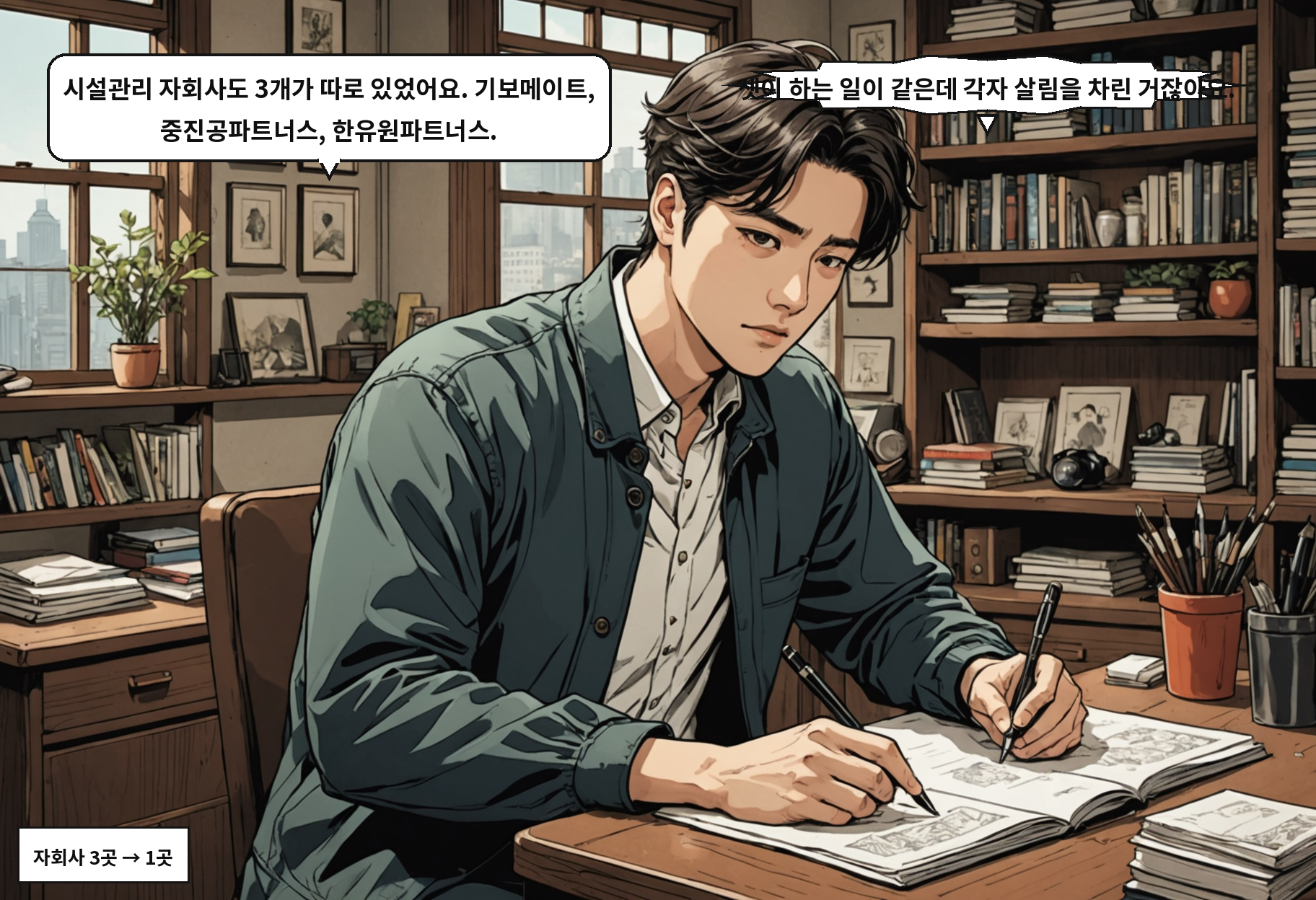 A: 시설관리 자회사도 3개가 따로 있었어요. 기보메이트, 중진공파트너스, 한유원파트너스. B: 셋이 하는 일이 같은데 각자 살림을 차린 거잖아요.