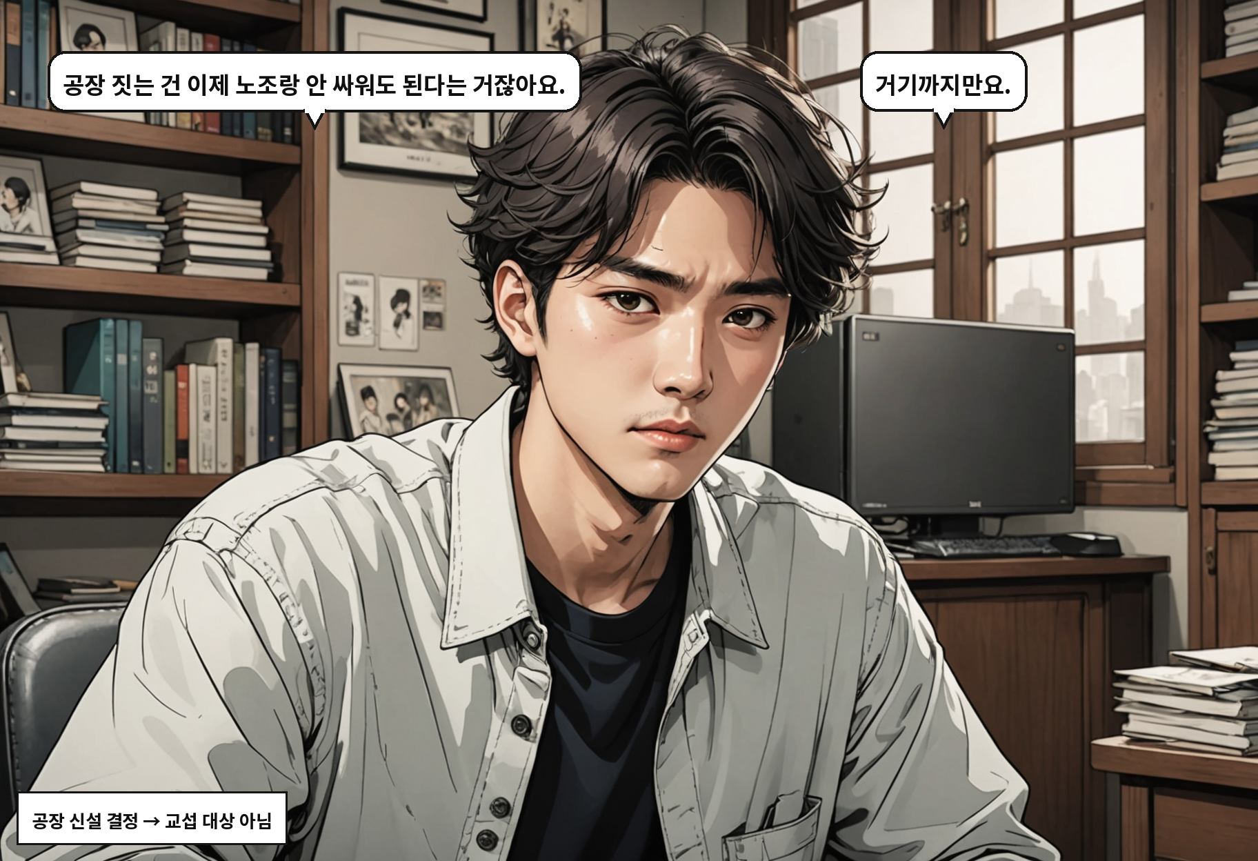 A: 공장 짓는 건 이제 노조랑 안 싸워도 된다는 거잖아요. B: 거기까지만요.