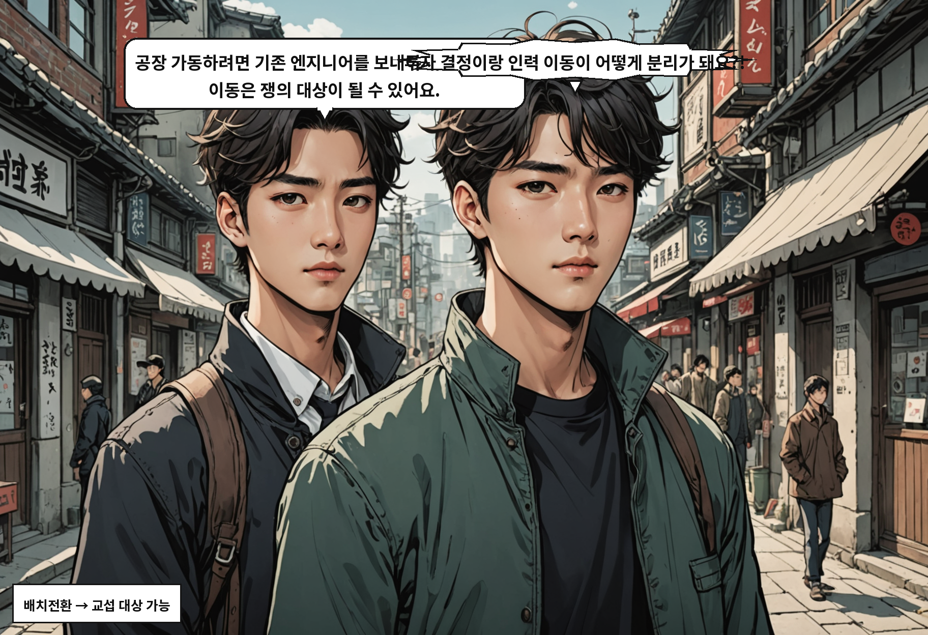 B: 공장 가동하려면 기존 엔지니어를 보내야 하잖아요. 그 이동은 쟁의 대상이 될 수 있어요. A: 투자 결정이랑 인력 이동이 어떻게 분리가 돼요?!