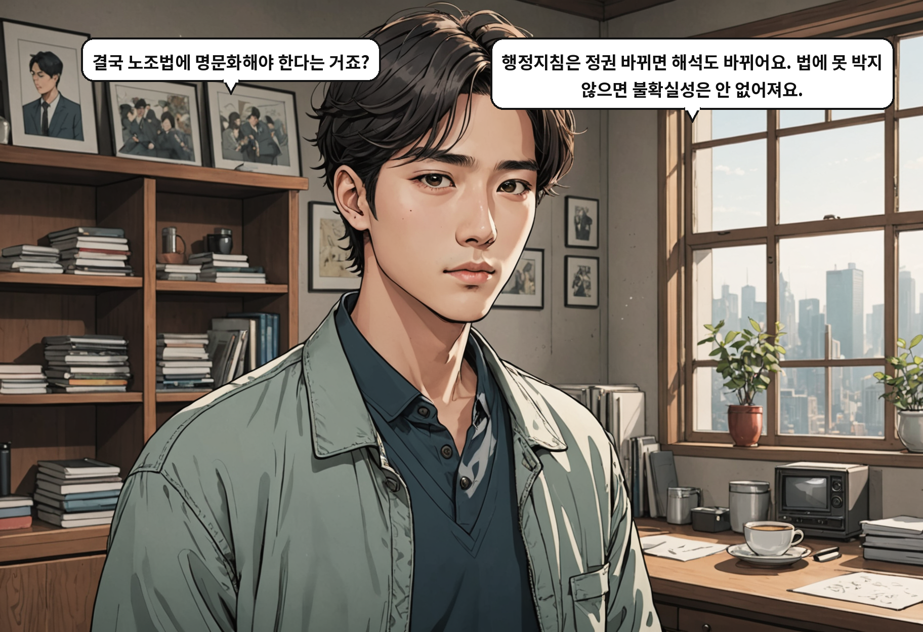 A: 결국 노조법에 명문화해야 한다는 거죠? B: 행정지침은 정권 바뀌면 해석도 바뀌어요. 법에 못 박지 않으면 불확실성은 안 없어져요.