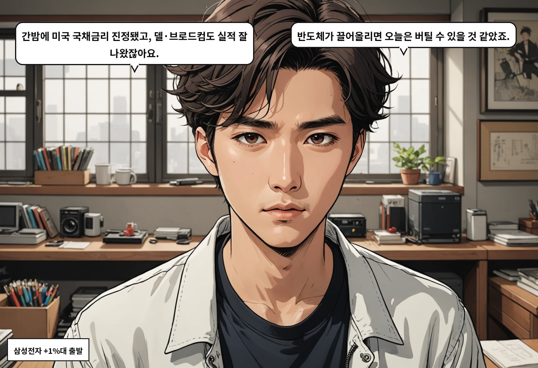 A: 간밤에 반도체주가 급등했거든요. 델이랑 브로드컴 실적도 좋았고요. B: 국채금리도 숨 좀 고르더니.