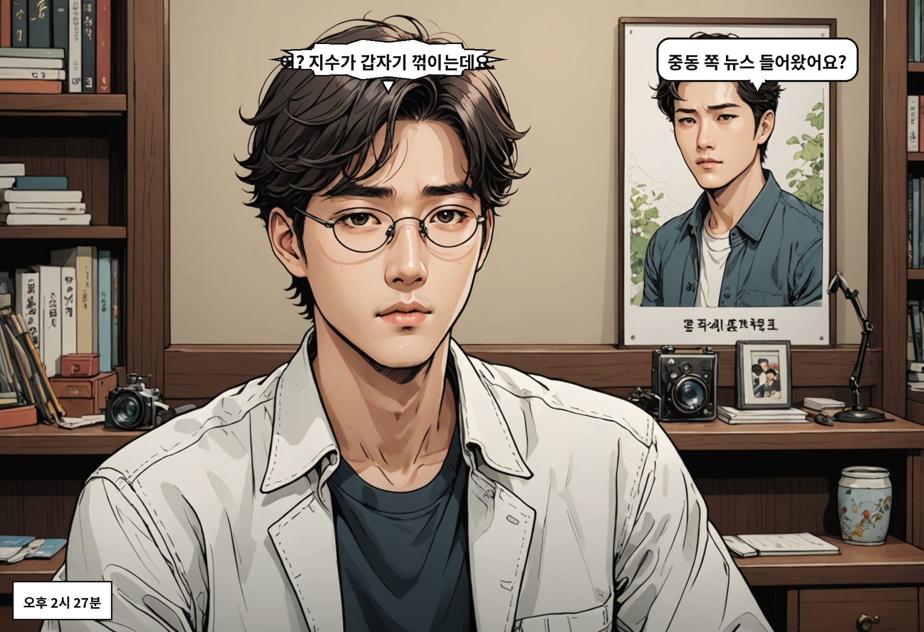 A: 어? 지수가 꺾이는데요. B: 중동에서 뭔가 터진 거예요.