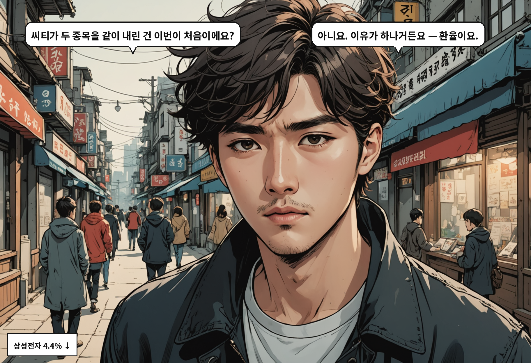 B: 씨티가 두 종목을 같이 내린 건 이번이 처음이에요? A: 아니요. 이유가 하나거든요 — 환율이요.