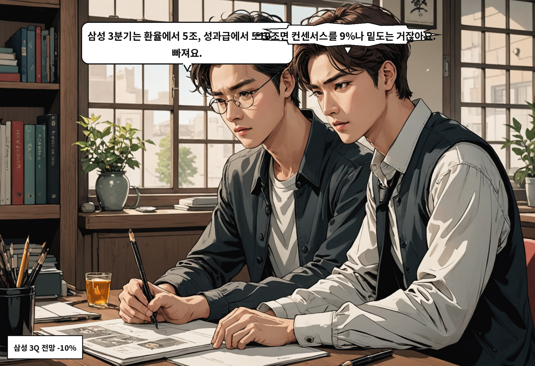 A: 삼성 3분기는 환율에서 5조, 성과급에서 또 5조가 빠져요. B: 10조면 컨센서스를 9%나 밑도는 거잖아요.