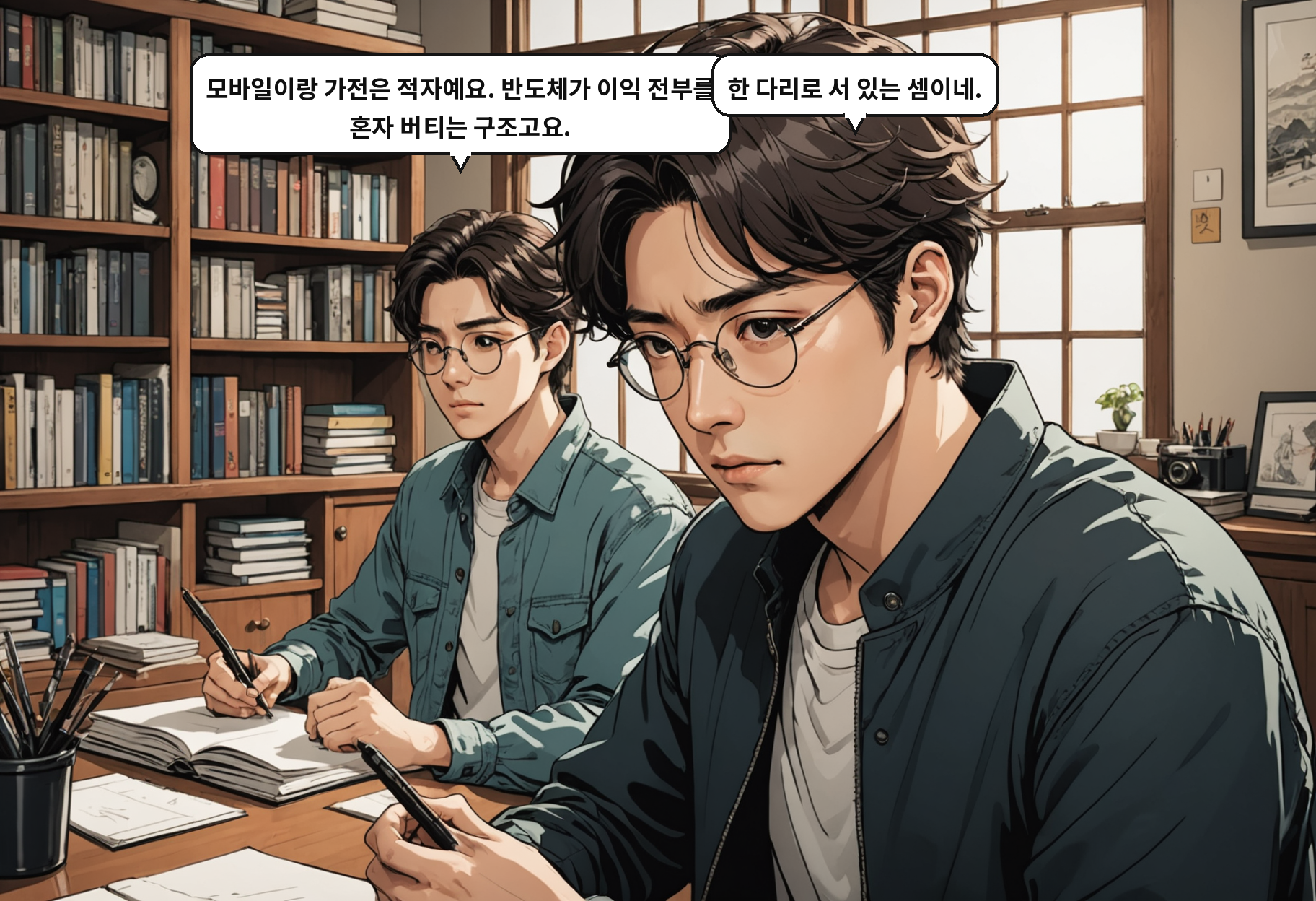 A: 모바일이랑 가전은 적자예요. 반도체가 이익 전부를 혼자 버티는 구조고요. B: 한 다리로 서 있는 셈이네.