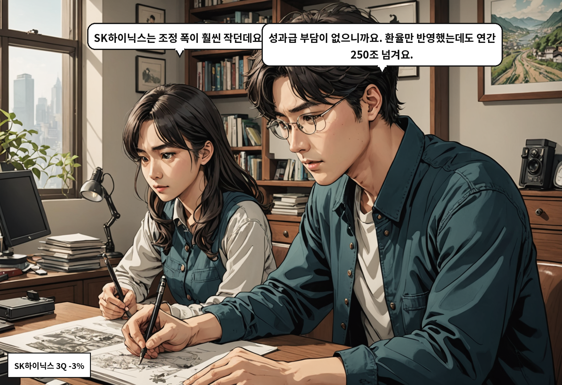 B: SK하이닉스는 조정 폭이 훨씬 작던데요. A: 성과급 부담이 없으니까요. 환율만 반영했는데도 연간 250조 넘겨요.