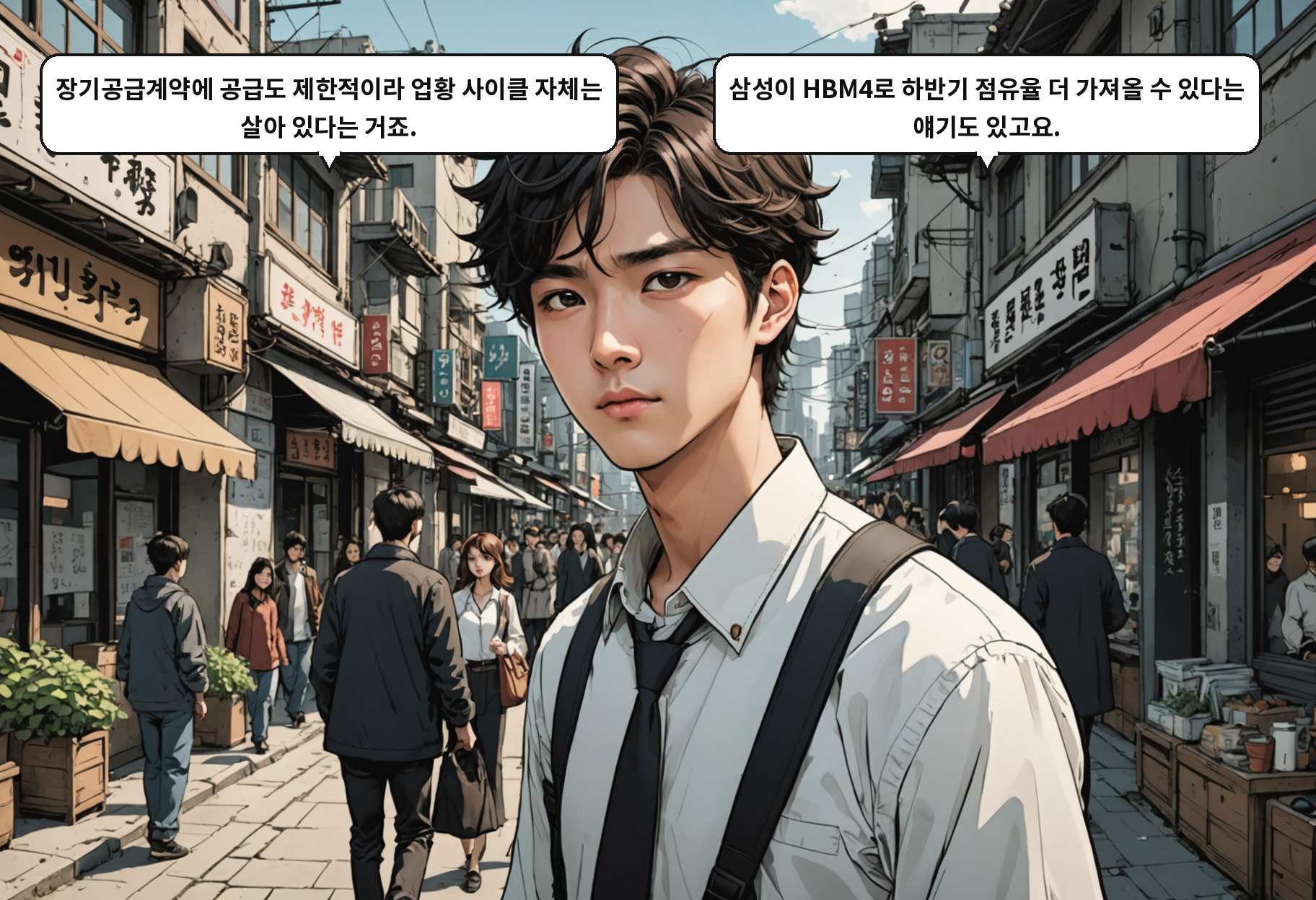 A: 장기공급계약에 공급도 제한적이라 업황 사이클 자체는 살아 있다는 거죠. B: 삼성이 HBM4로 하반기 점유율 더 가져올 수 있다는 얘기도 있고요.