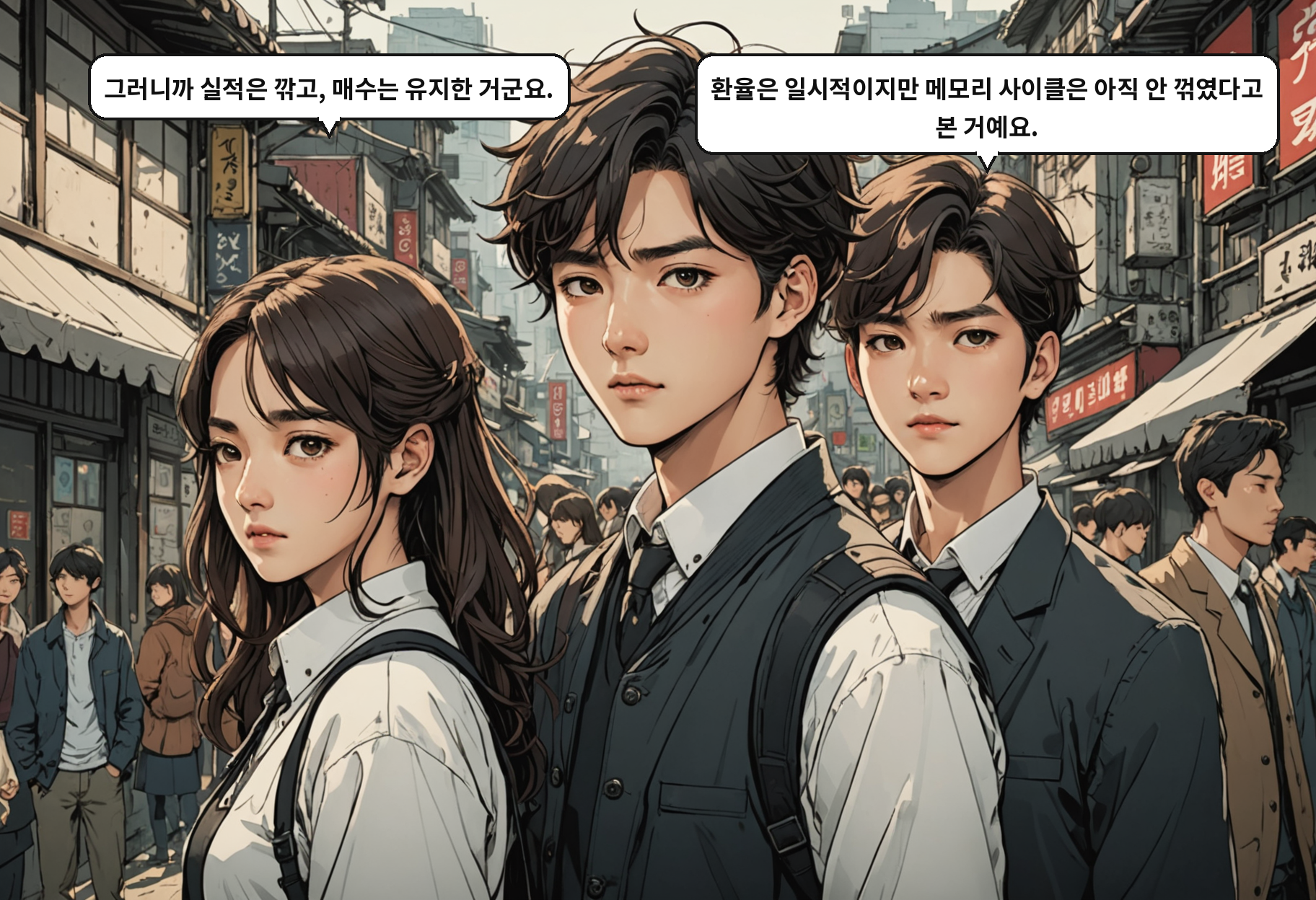 B: 그러니까 실적은 깎고, 매수는 유지한 거군요. A: 환율은 일시적이지만 메모리 사이클은 아직 안 꺾였다고 본 거예요.