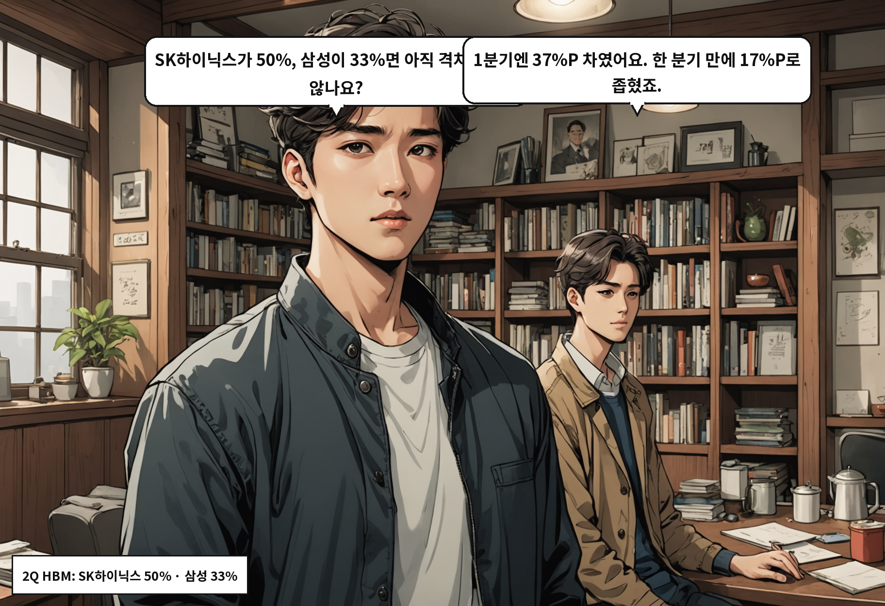 B: SK하이닉스가 50%, 삼성이 33%면 아직 격차가 크지 않나요? A: 1분기엔 37%P 차였어요. 한 분기 만에 17%P로 좁혔죠.