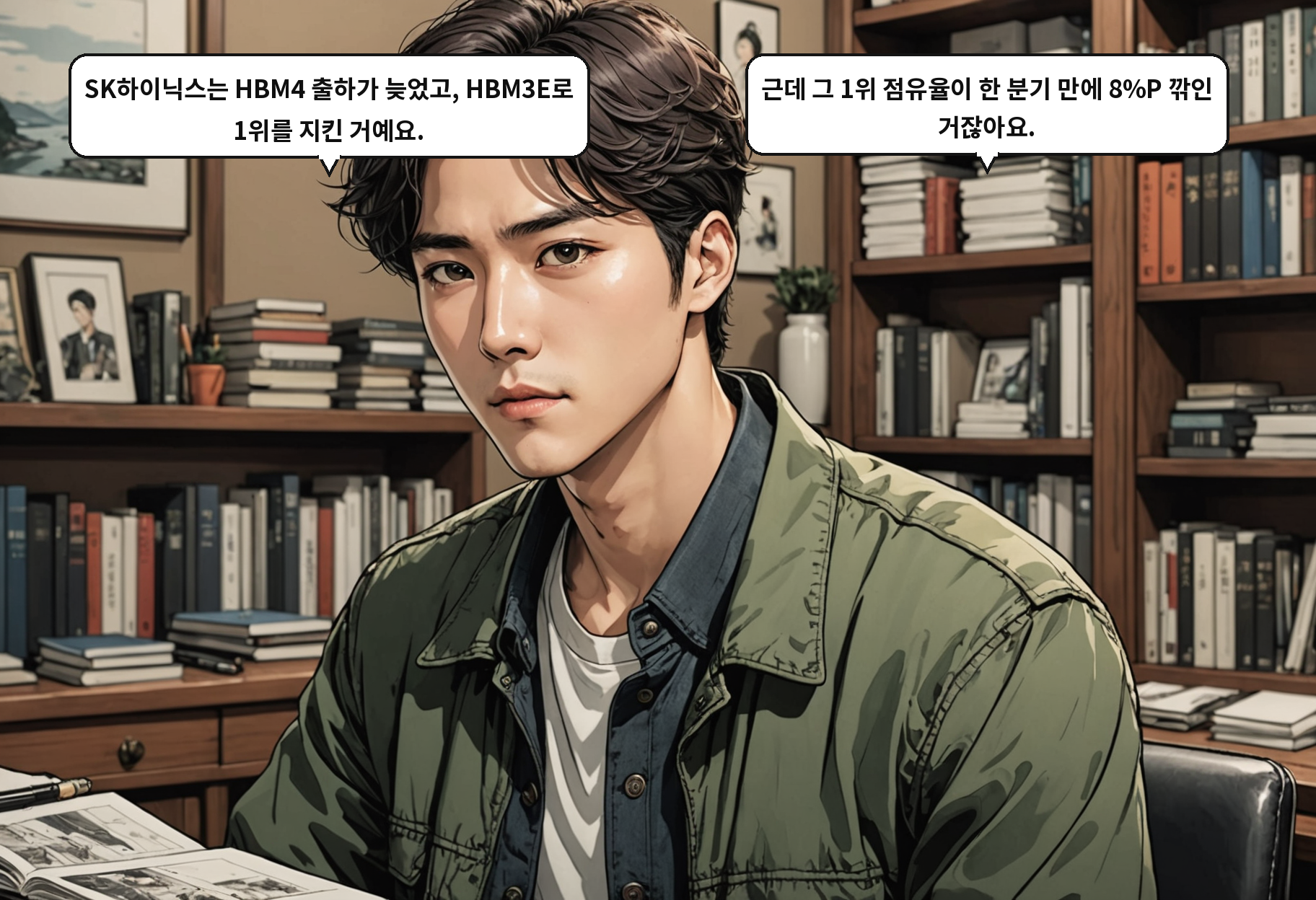 A: SK하이닉스는 HBM4 출하가 늦었고, HBM3E로 1위를 지킨 거예요. B: 근데 그 1위 점유율이 한 분기 만에 8%P 깎인 거잖아요.